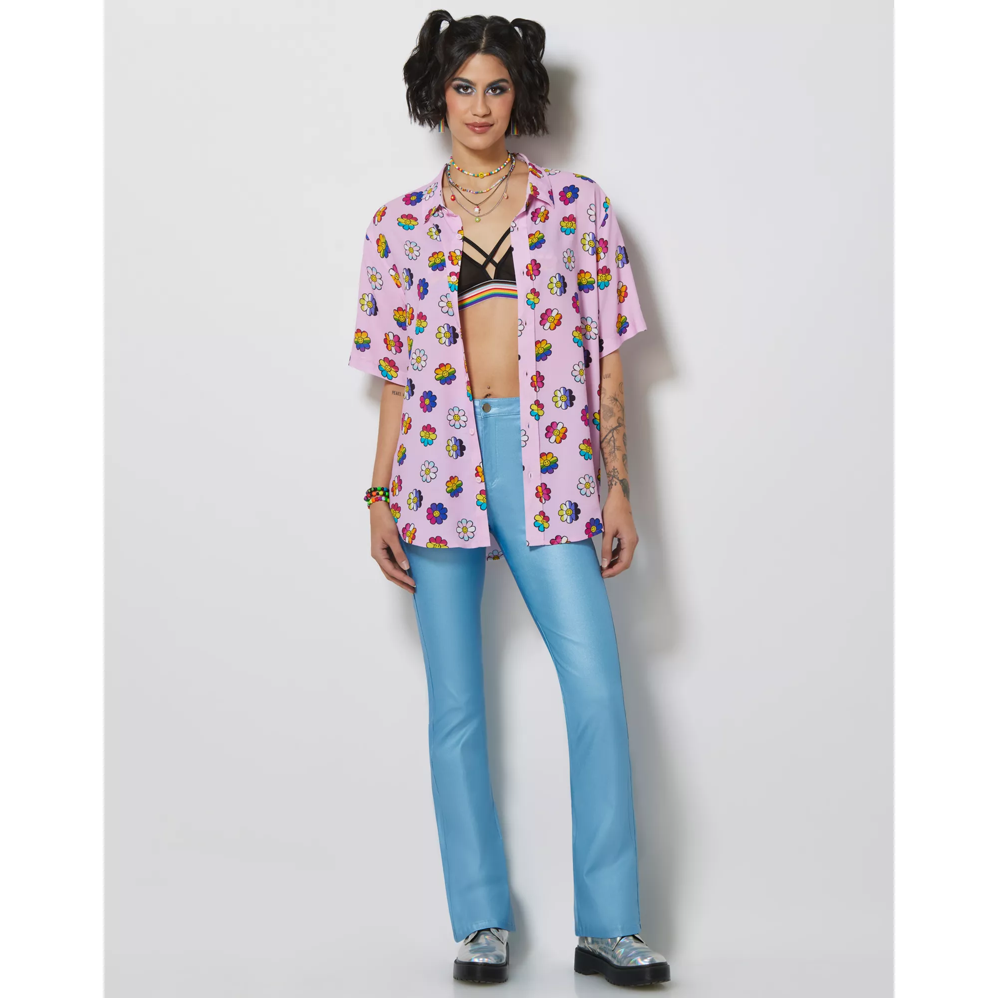 LGBTQIA Pride Flowered Button Down Shirt at Spencer's