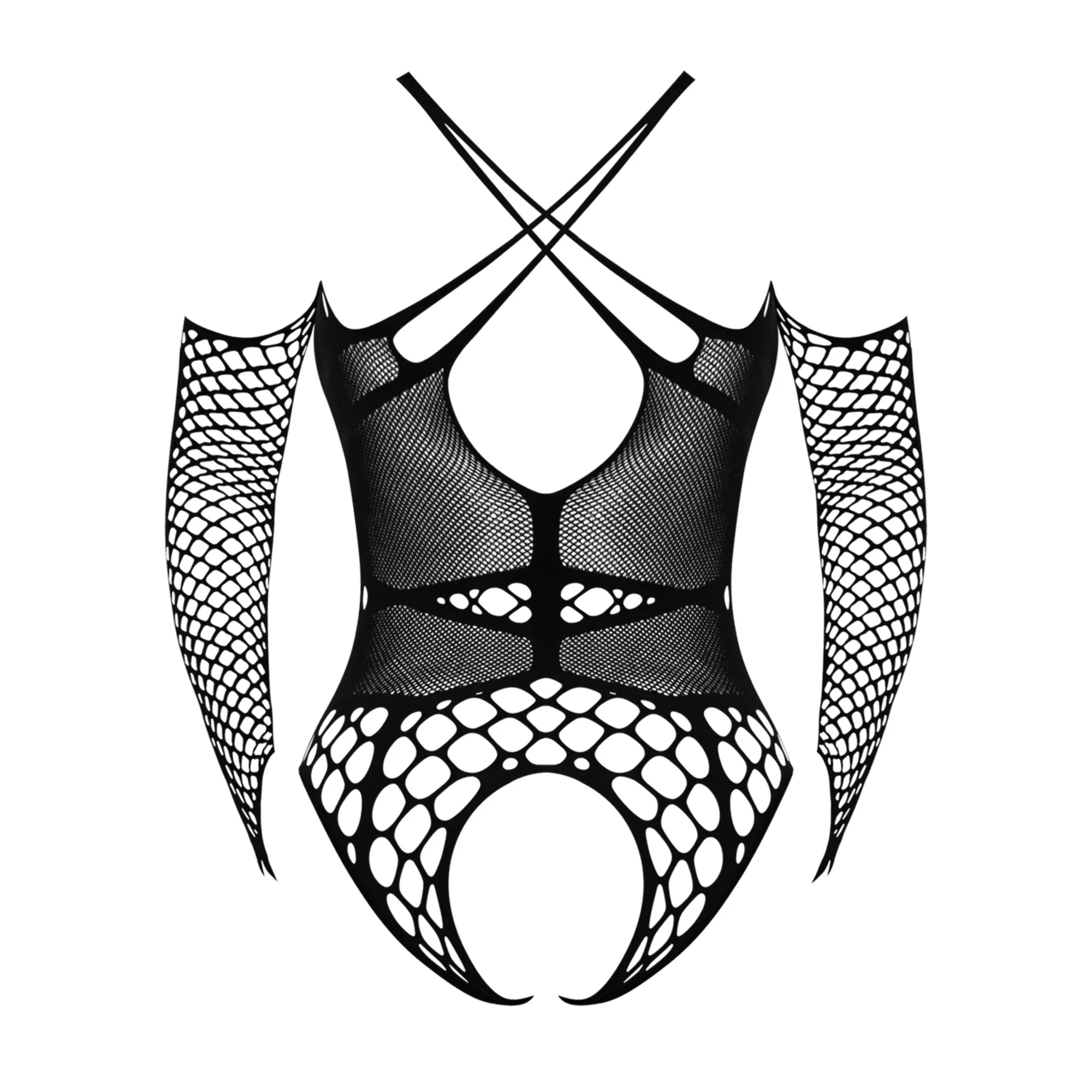 Long Sleeve Strappy Fishnet Teddy at Spencer's