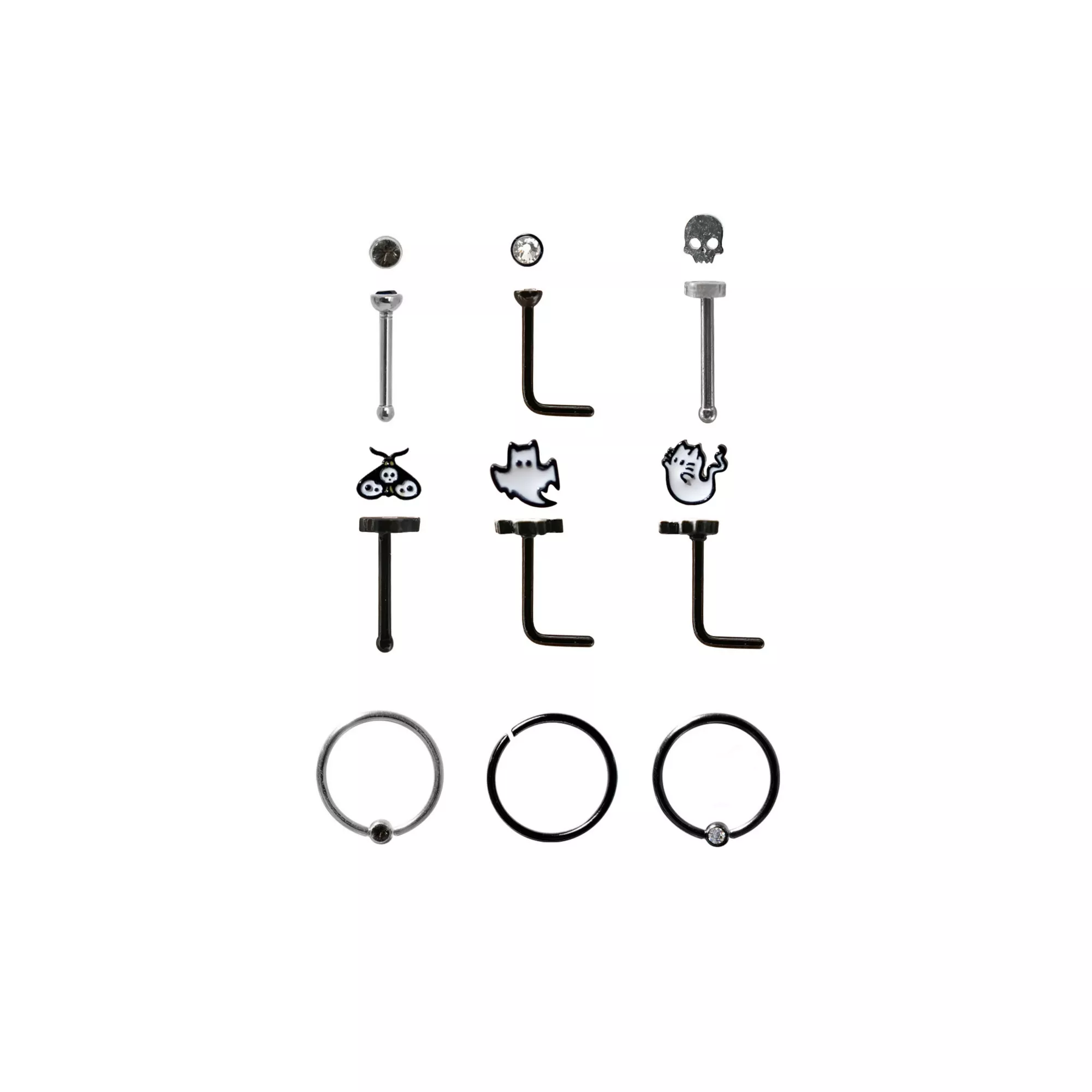 Multi-Pack CZ Moth Skull Ghost Pin L-Bend and Hoop Nose Rings 9 Pack - 18 Gauge at Spencer's