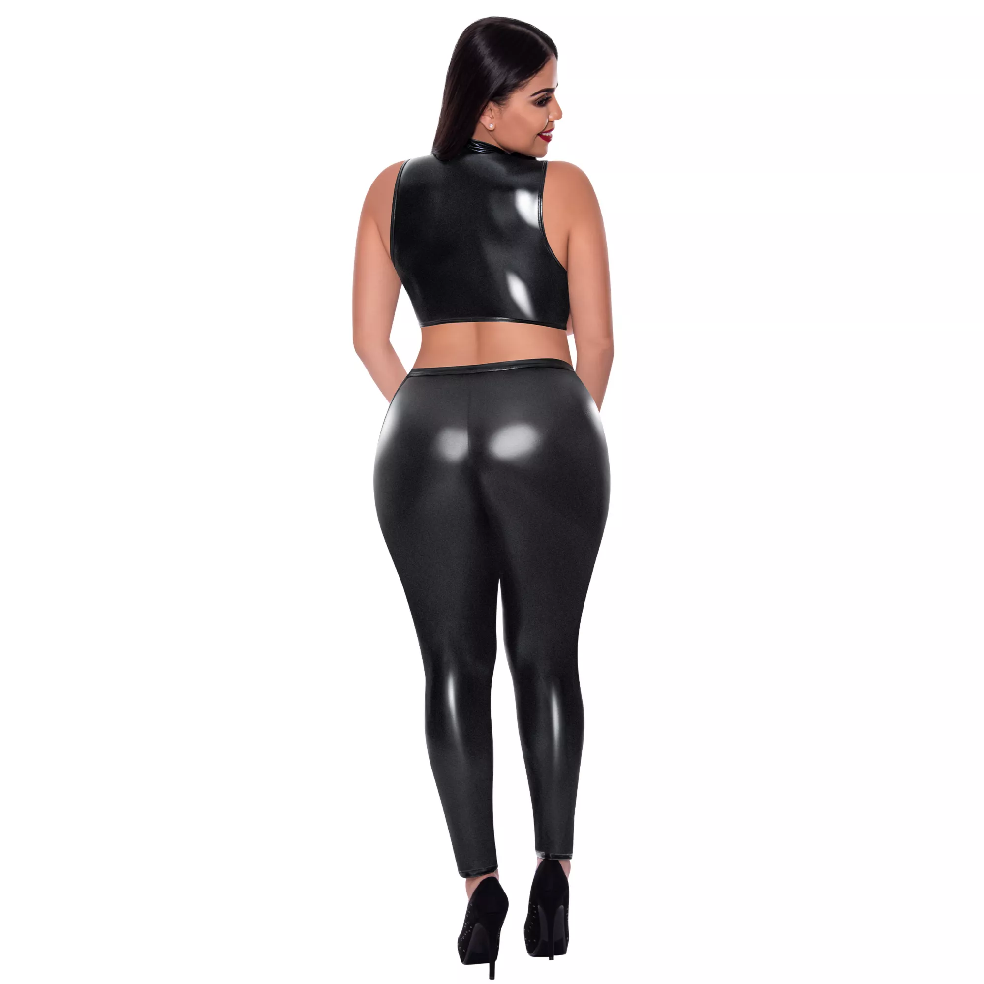 Black Open Cup Vest and Strappy Leggings at Spencer's