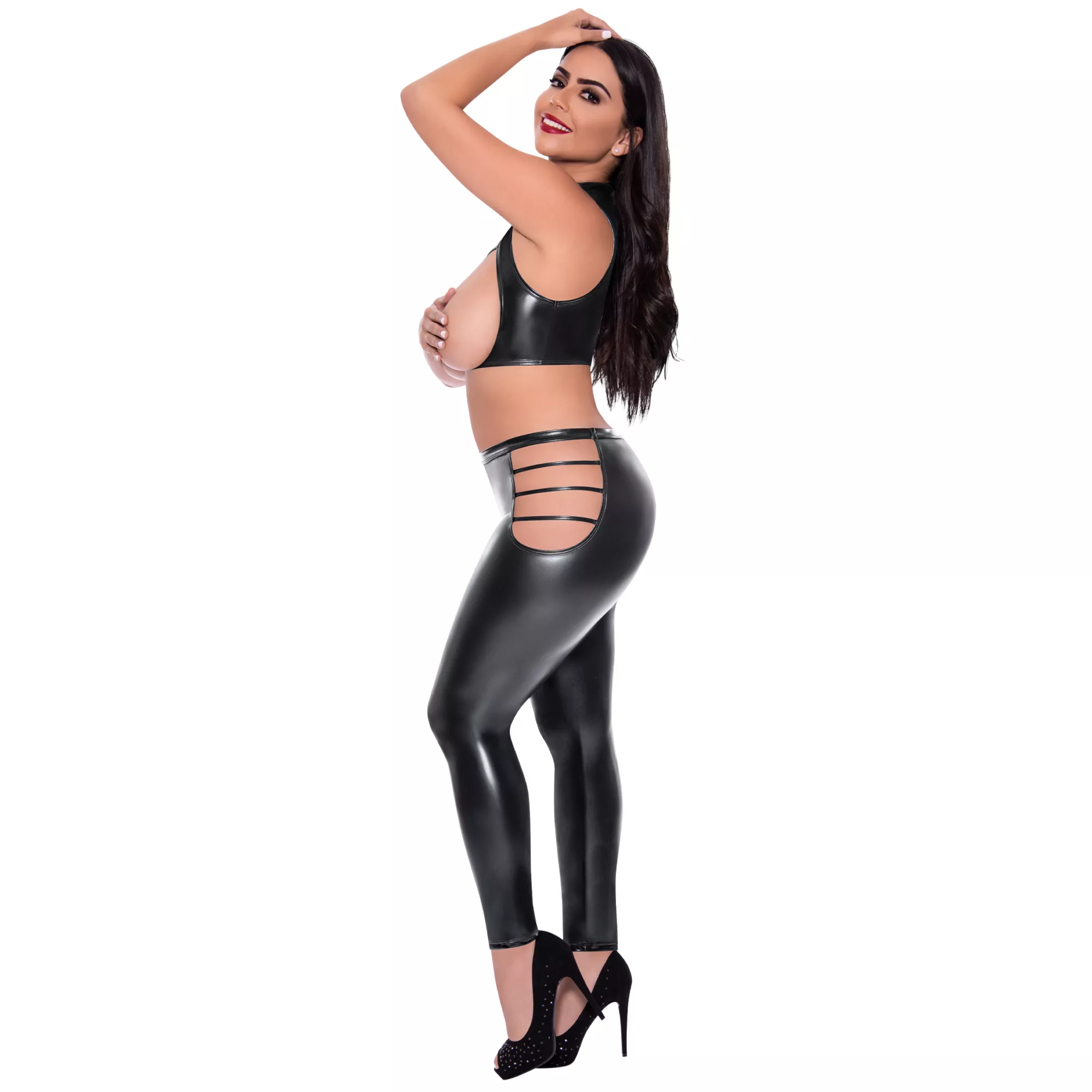 Black Open Cup Vest and Strappy Leggings at Spencer's