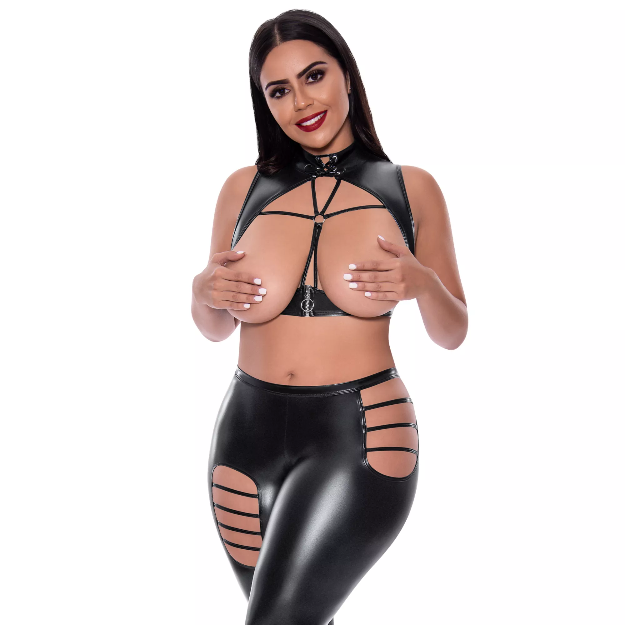 Black Open Cup Vest and Strappy Leggings at Spencer's