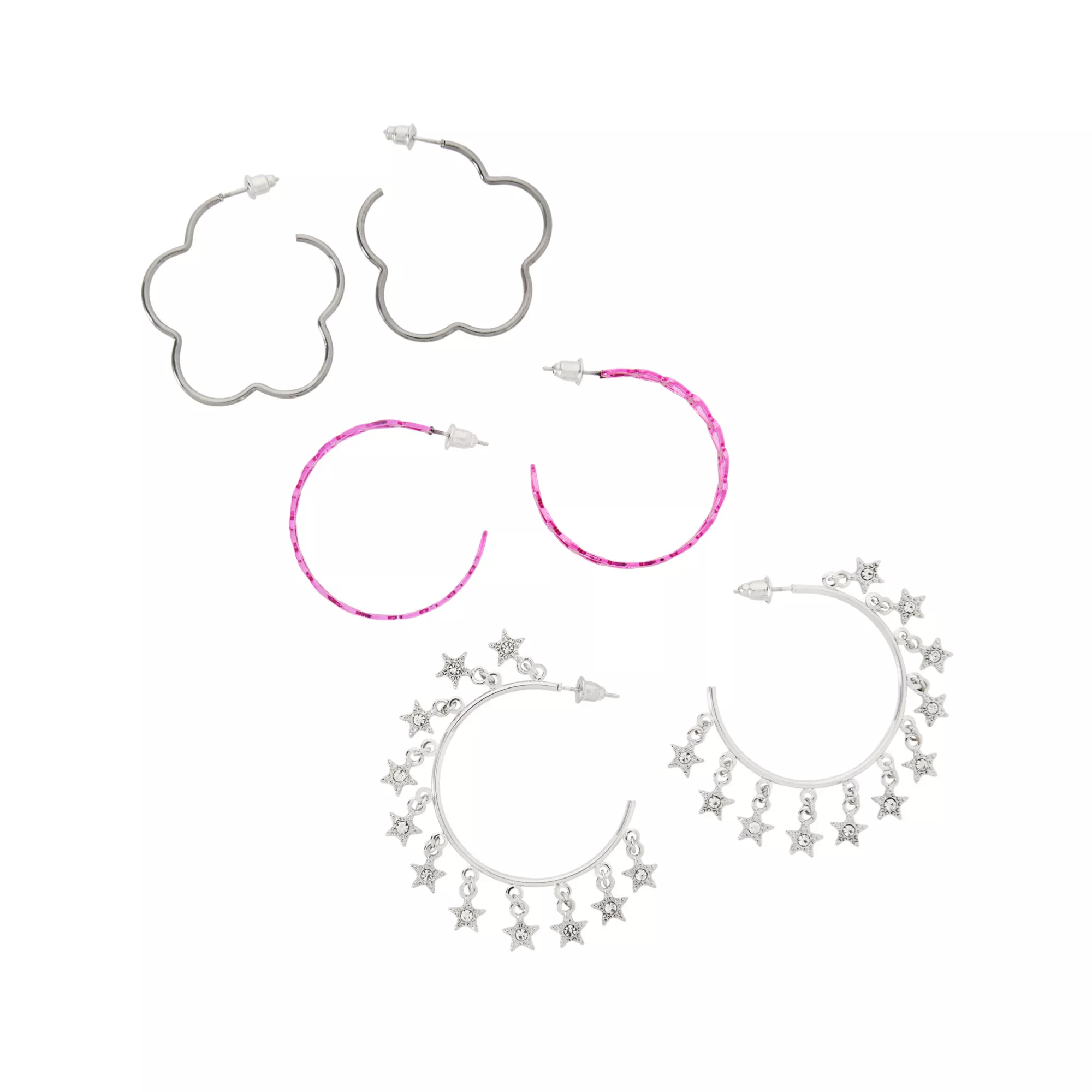 Multi-Pack Pink and Silver Flower Heart Hoop Earrings - 3 Pack at Spencer's