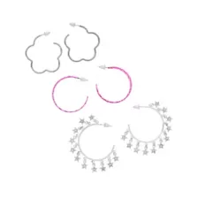 Multi-Pack Pink and Silver Flower Heart Hoop Earrings - 3 Pack at Spencer's