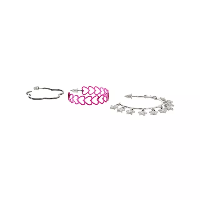 Multi-Pack Pink and Silver Flower Heart Hoop Earrings - 3 Pack at Spencer's