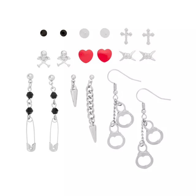 Multi-Pack Cross Skull Safety Pin Handcuff Earrings - 9 Pair at Spencer's