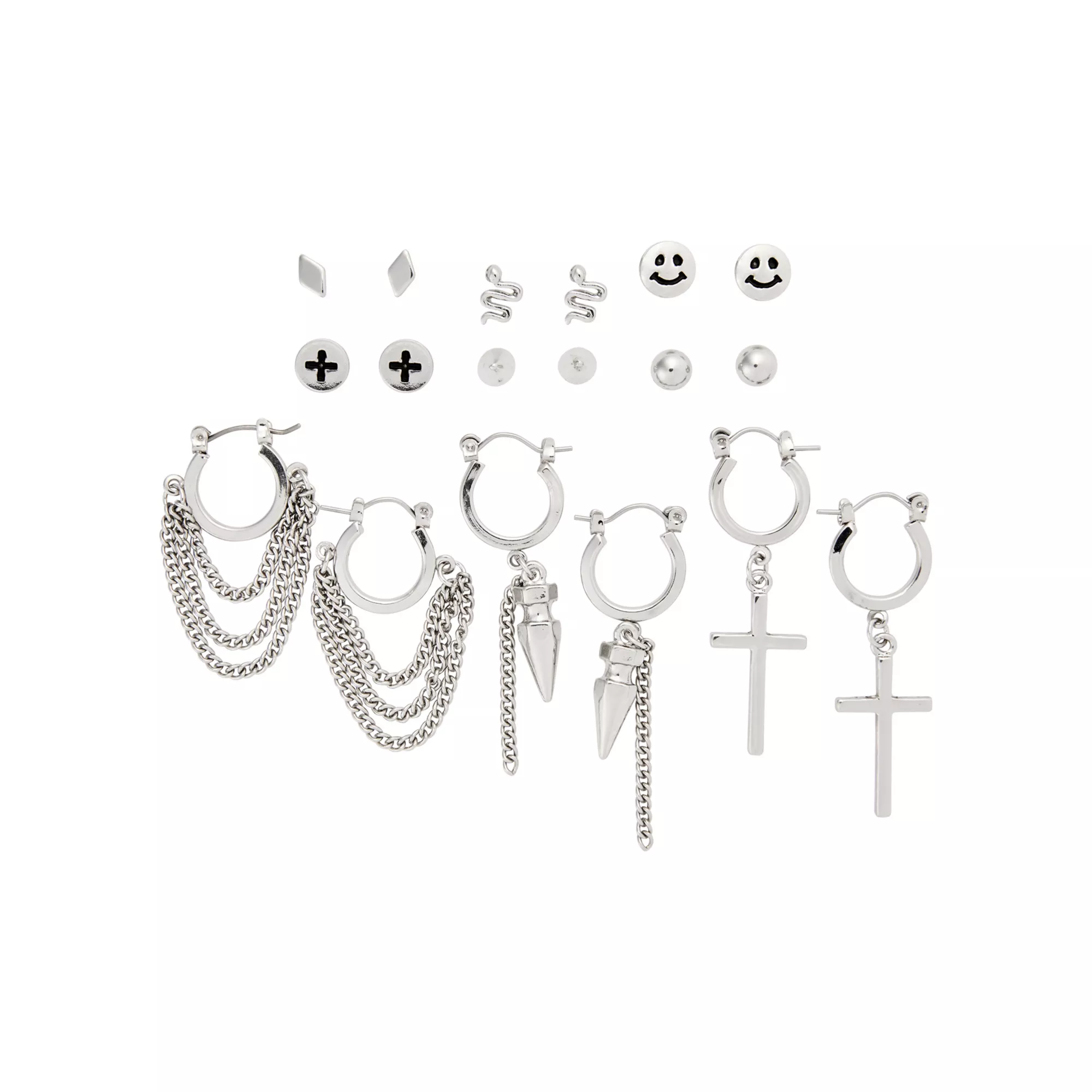 Multi-Pack Smiley and Spike Huggie Hoop and Stud Earrings - 9 Pack at Spencer's