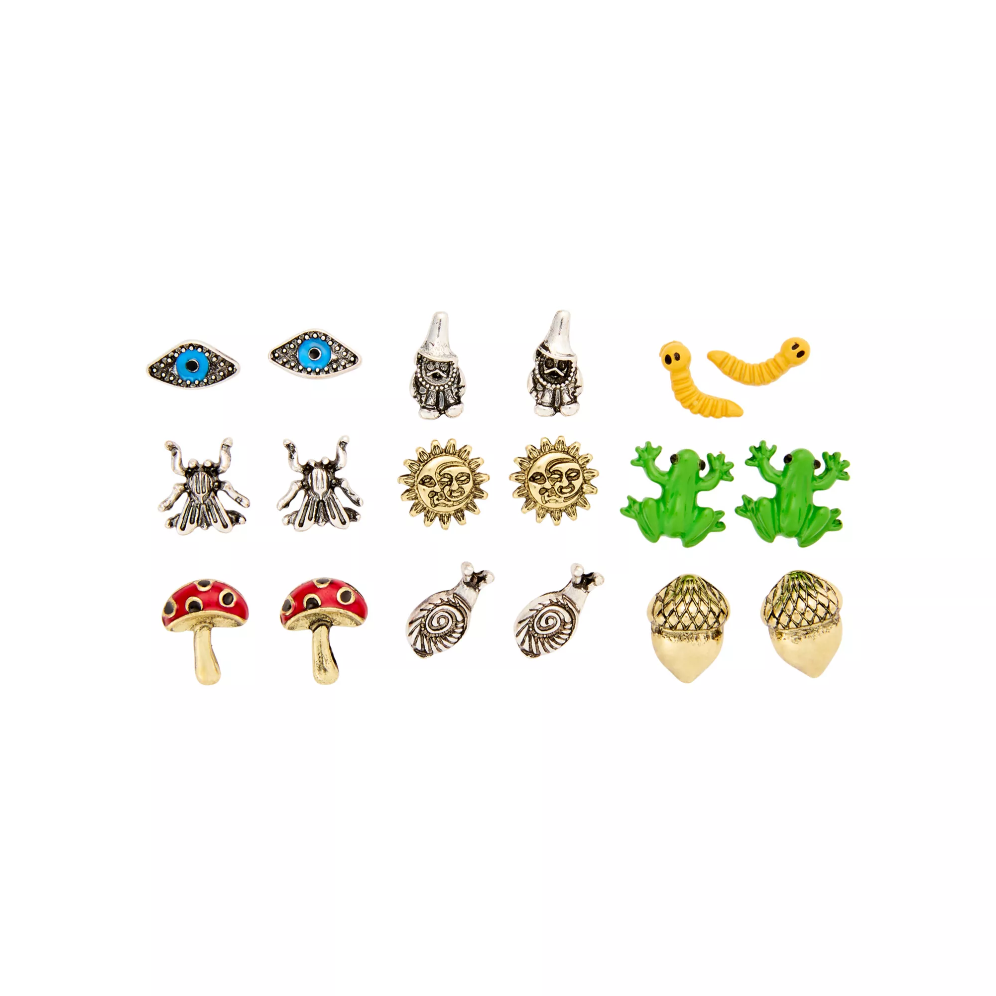 Multi-Pack Snail Acorn Frog Mushroom Sun Stud Earrings - 9 Pair at Spencer's