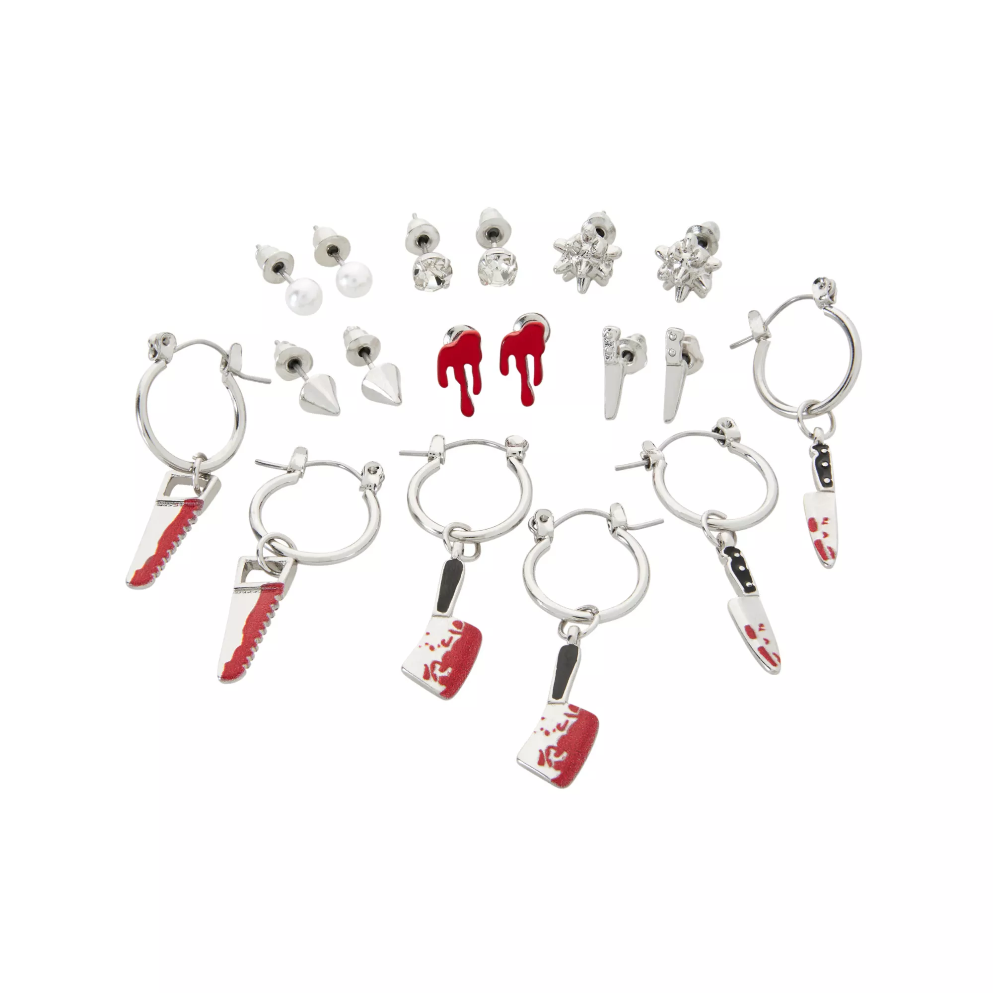 Multi-Pack CZ Bloody Saw Axe Knife and Pearl-Effect Earrings - 9 Pair at Spencer's