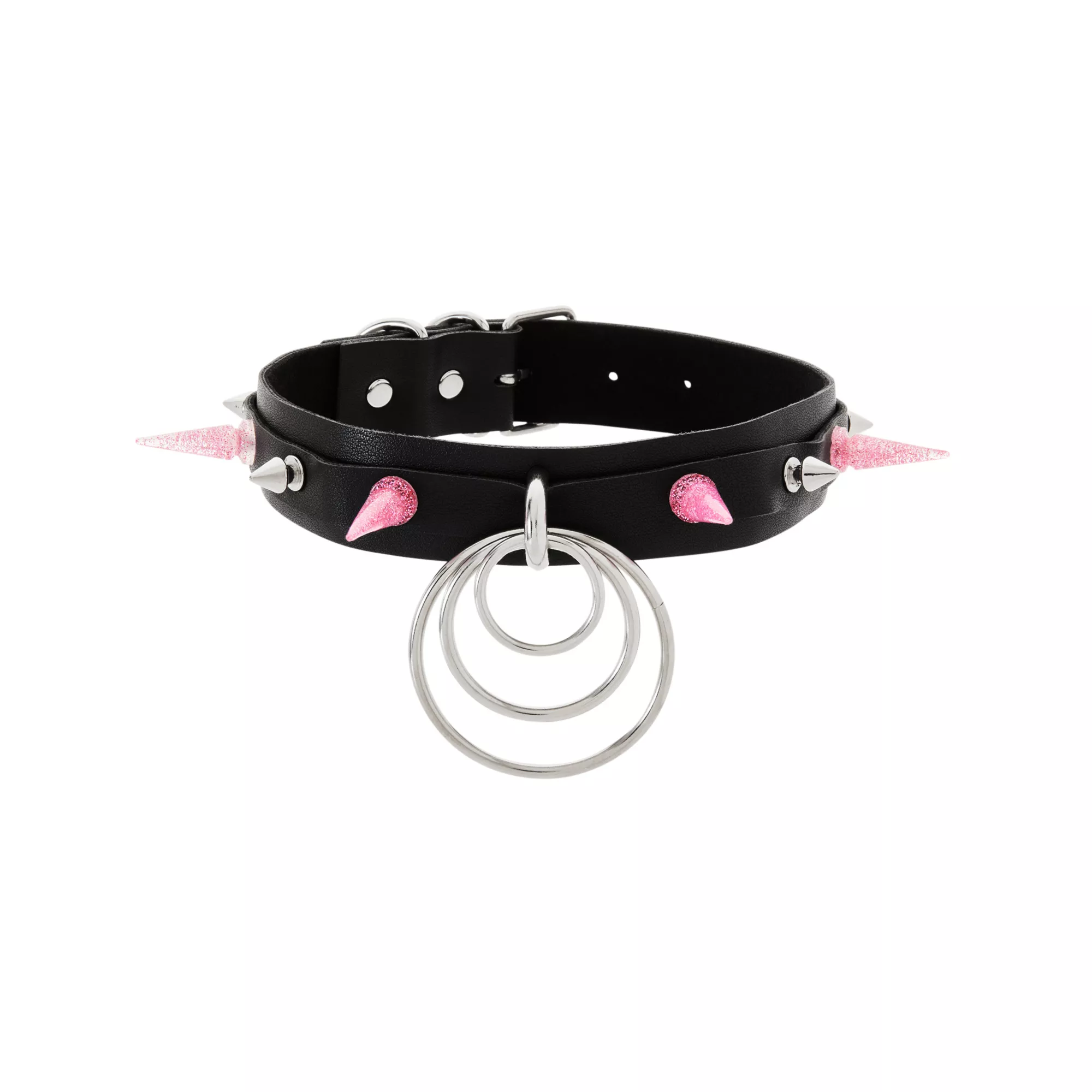 Black and Pink Spiked Layered Ring Choker Necklace at Spencer's