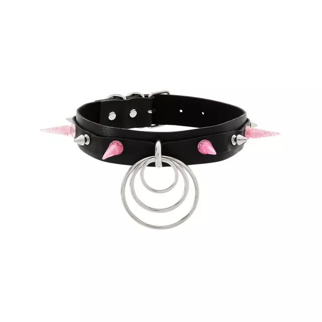 Black and Pink Spiked Layered Ring Choker Necklace at Spencer's