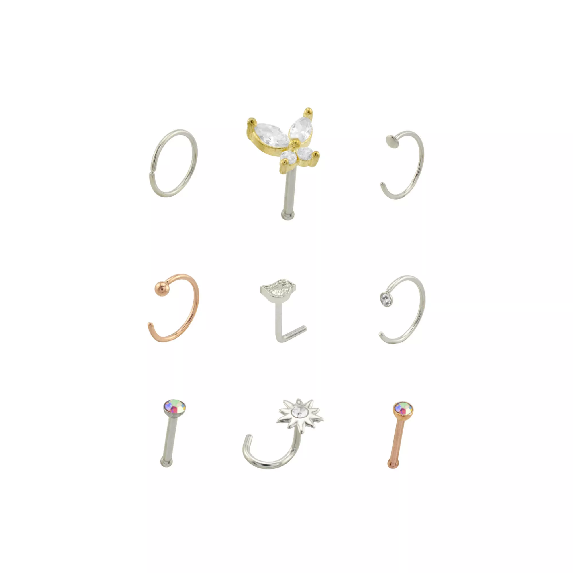 Multi-Pack CZ Butterfly Pin L-Bend Screw Hoop and Half Hoop Nose Rings 12 Pack - 20 Gauge at Spencer's