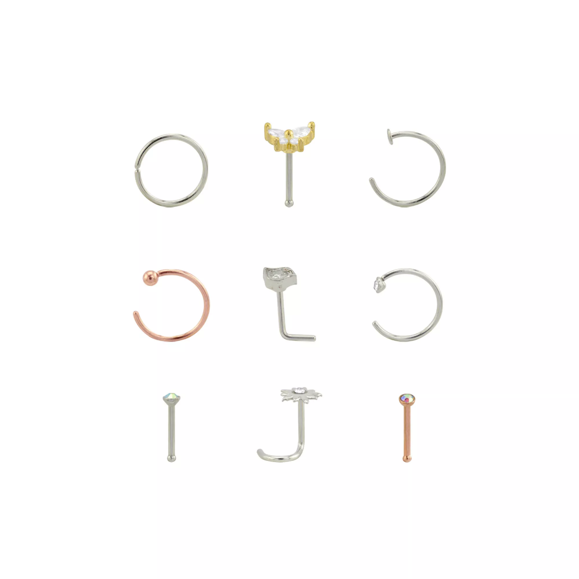 Multi-Pack CZ Butterfly Pin L-Bend Screw Hoop and Half Hoop Nose Rings 12 Pack - 20 Gauge at Spencer's