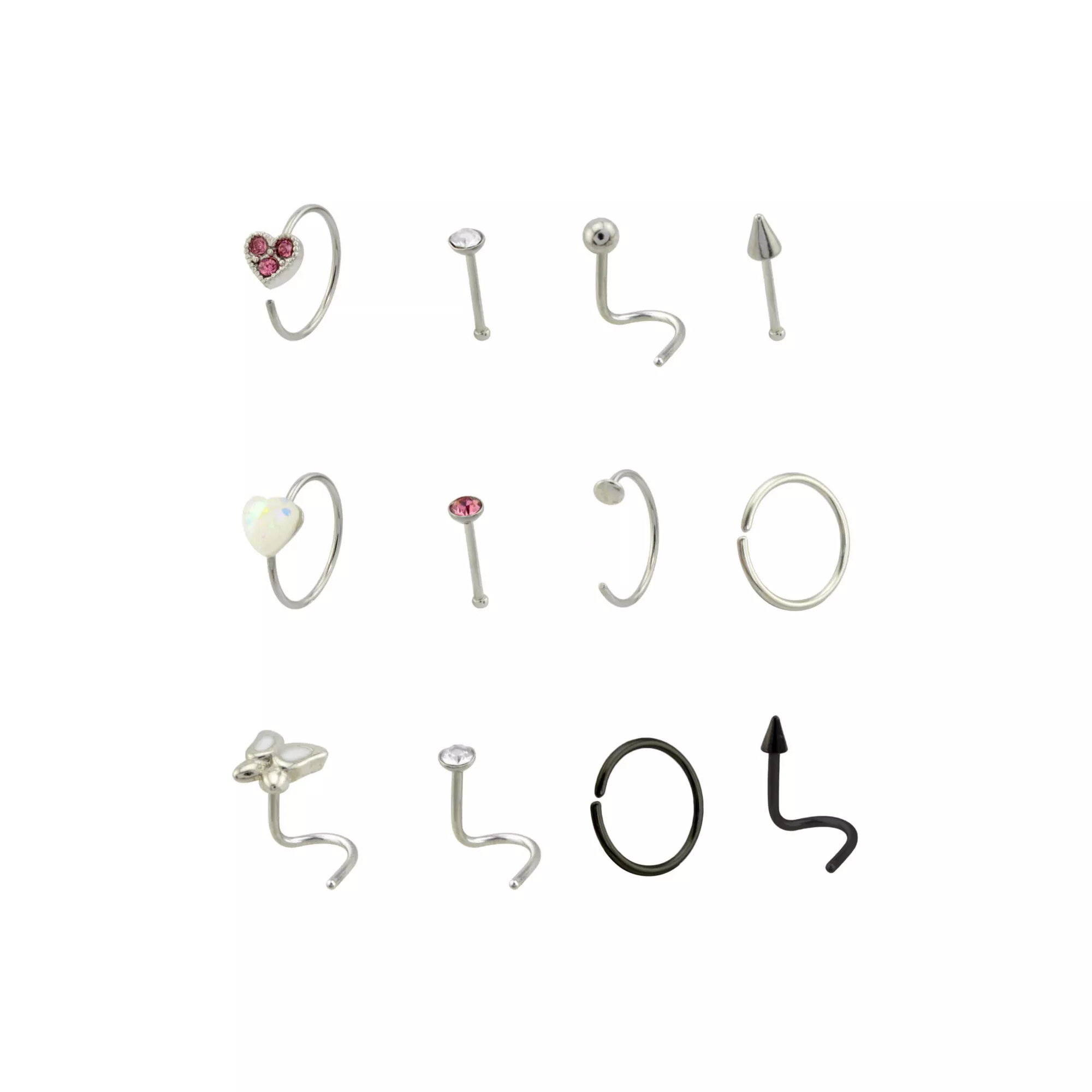 Multi-Pack CZ Heart and Butterfly Nose Rings 12 Pack - 22 Gauge at Spencer's
