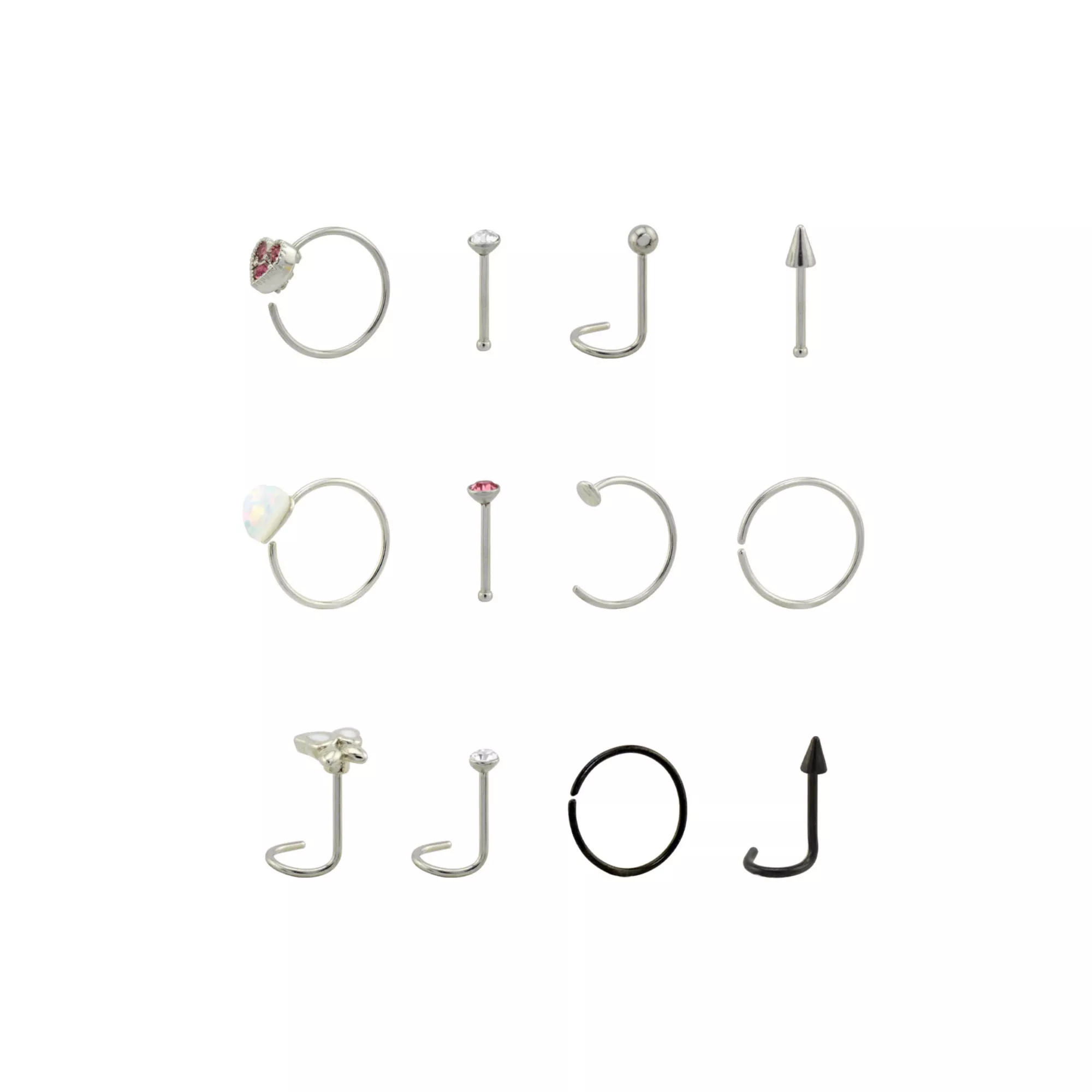 Multi-Pack CZ Heart and Butterfly Nose Rings 12 Pack - 22 Gauge at Spencer's