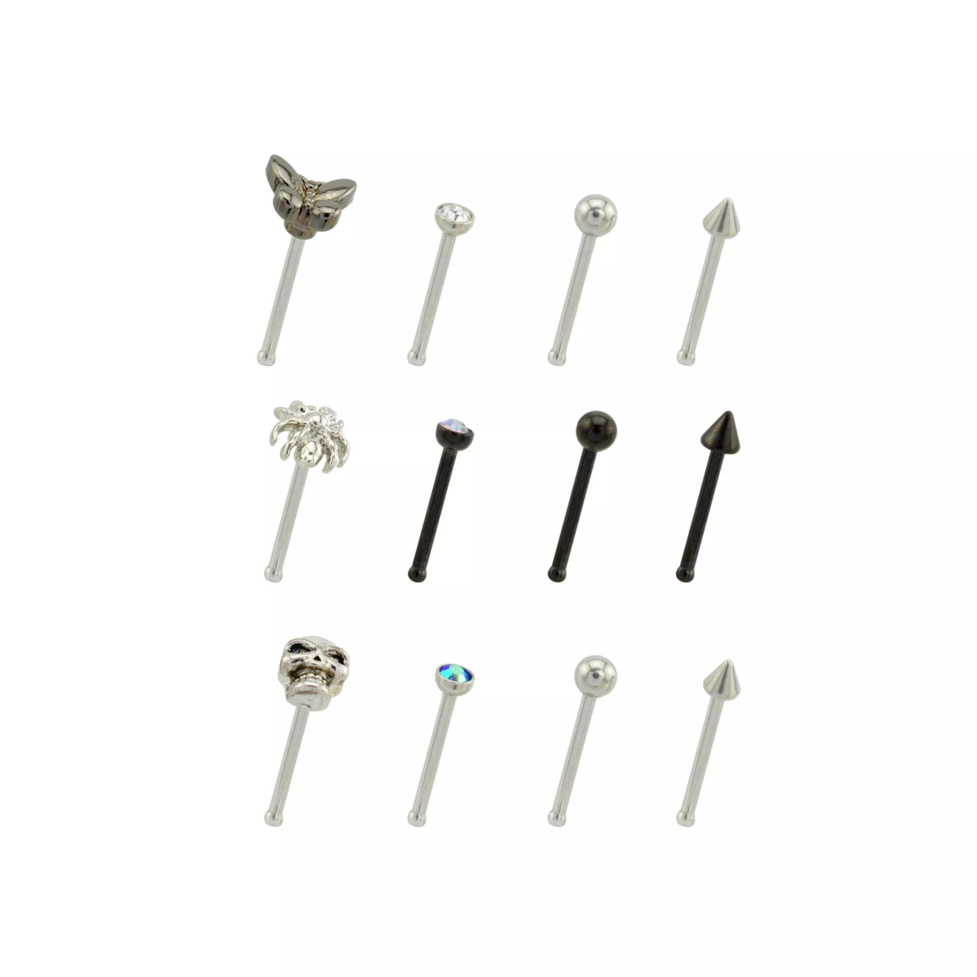 Multi-Pack CZ Butterfly Spider Skull Pin Nose Rings 12 Pack - 20 Gauge at Spencer's