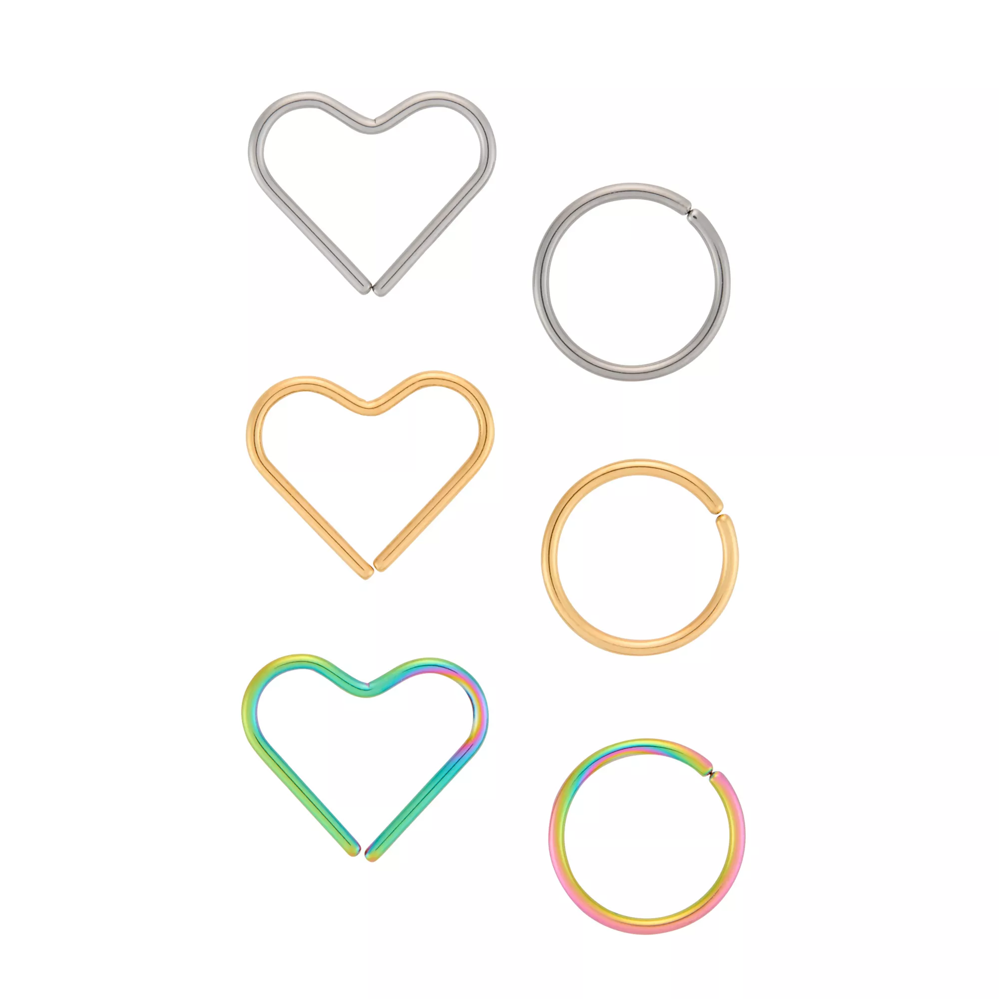 Multi-Pack Silvertone Goldtone and Oil Slick Titanium Heart and Hoop Nose Rings 6 Pack - 20 Gauge at Spencer's