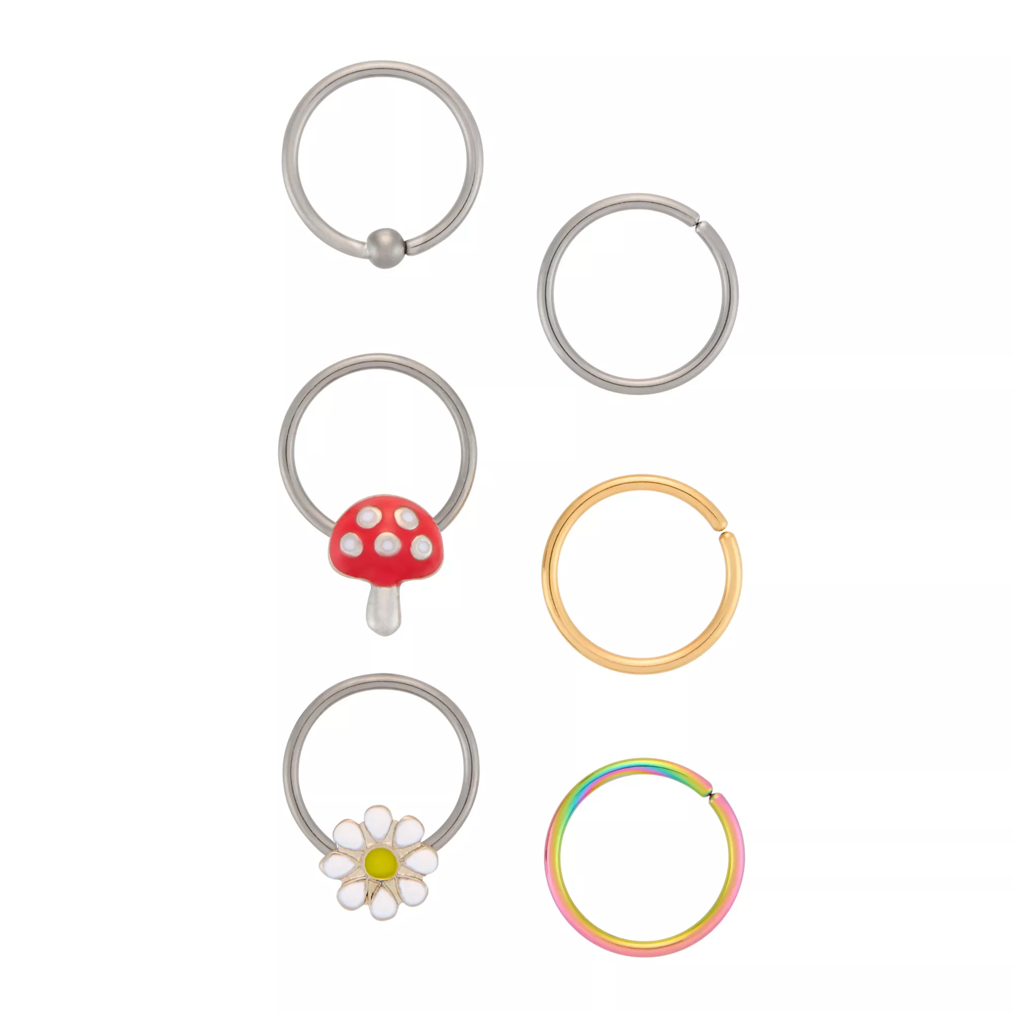 Multi-Pack Mushroom Flower Hoop Nose Rings 6 Pack - 20 Gauge at Spencer's