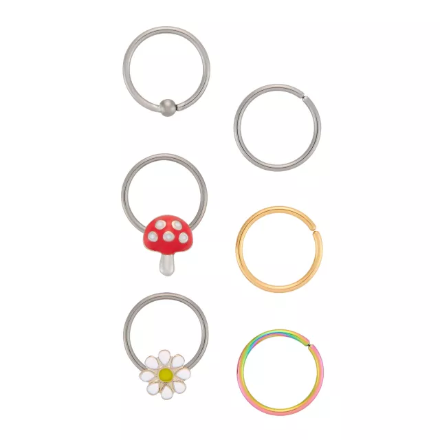 Multi-Pack Mushroom Flower Hoop Nose Rings 6 Pack - 20 Gauge at Spencer's