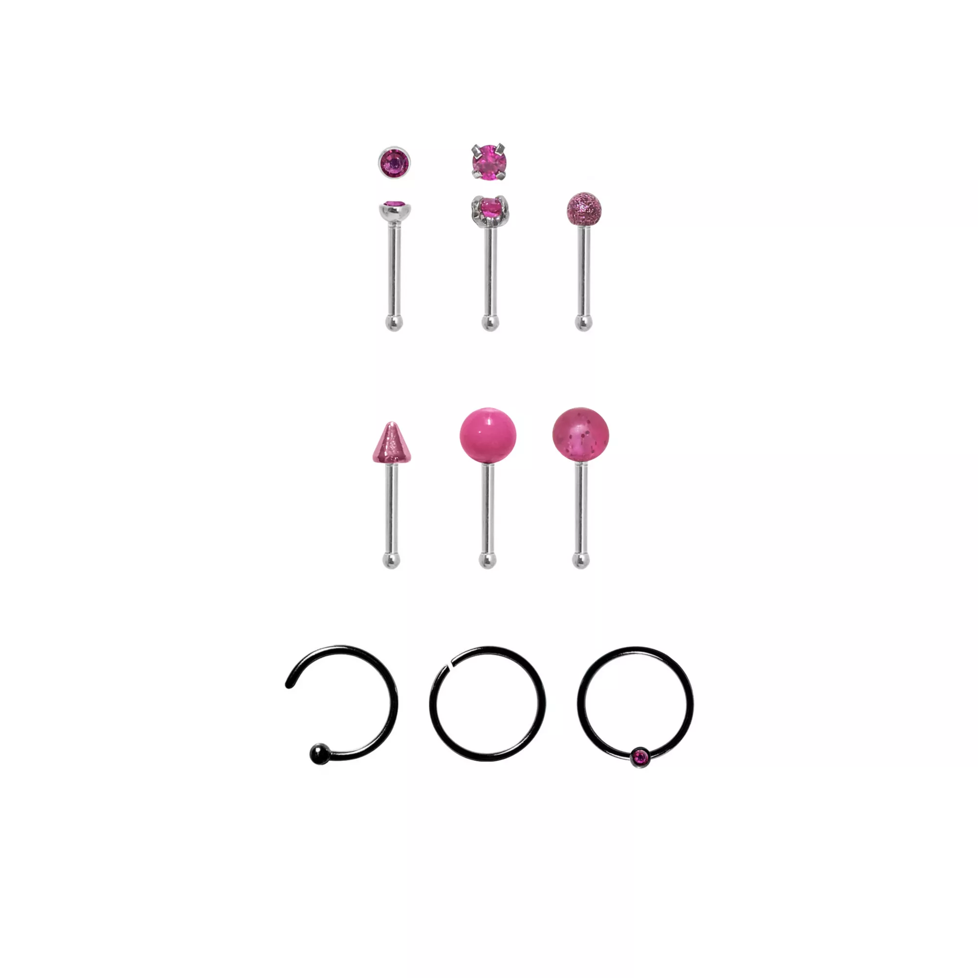 Multi-Pack CZ Pink Nose Pins and Hoop and Half Hoop Nose Rings 9 Pack - 20 Gauge at Spencer's