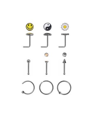 Multi Pack CZ Smiley Face and Yin Yang Hoop and Pin Nose Rings 9 Pack 20 Gauge Spencer s