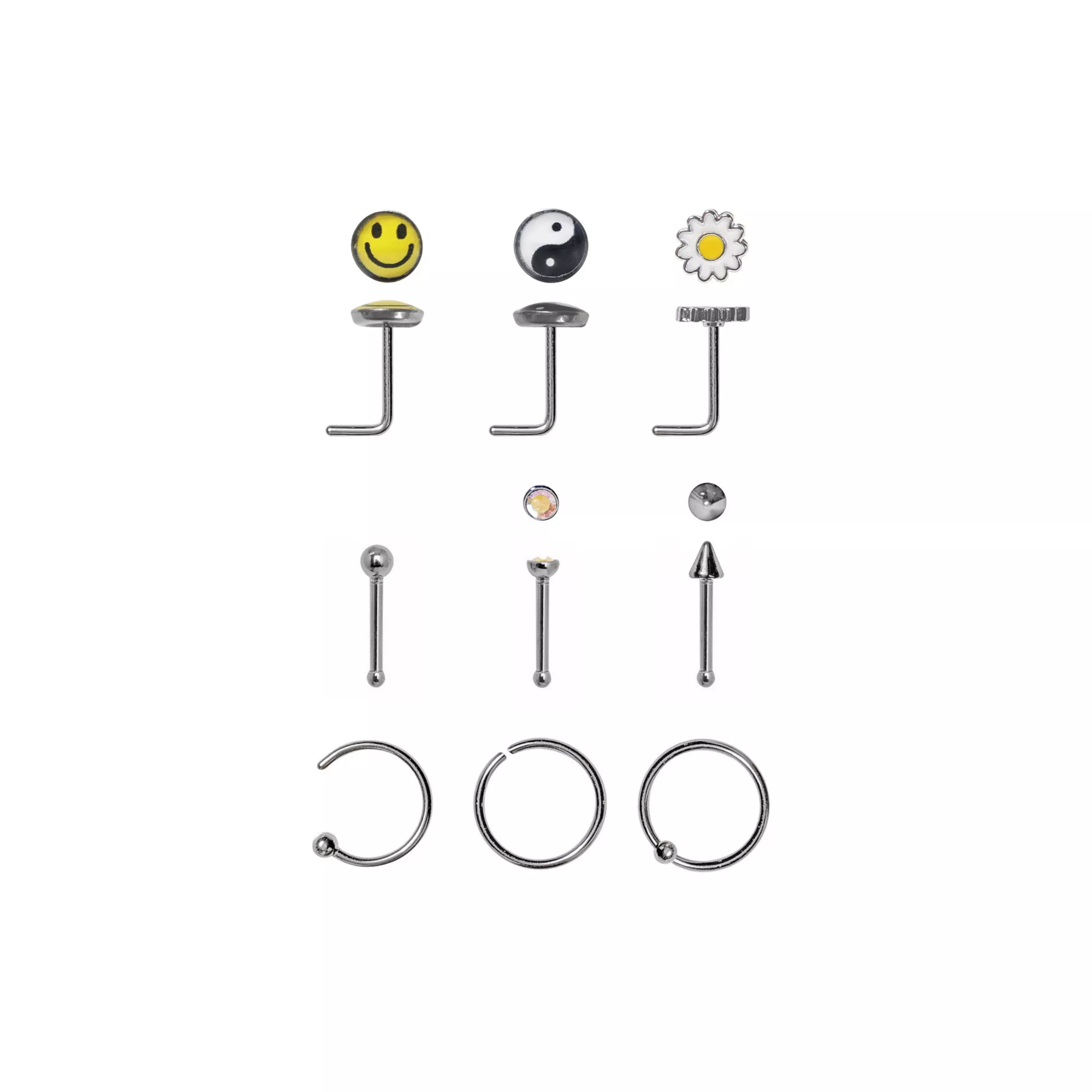 Multi-Pack CZ Smiley Face and Yin Yang Hoop and Pin Nose Rings 9 Pack - 20 Gauge at Spencer's