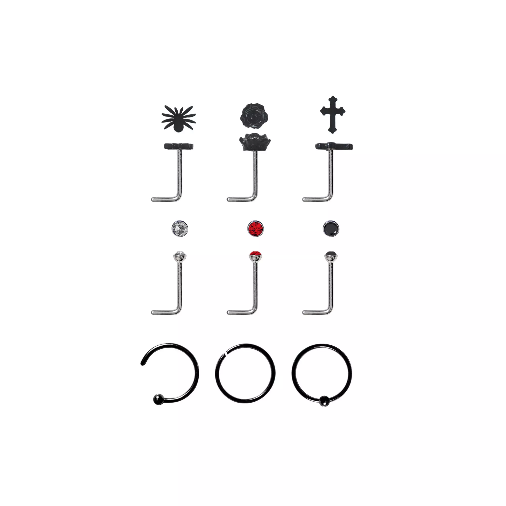 Multi-Pack CZ Black Spider L-Bend and Hoop Nose Rings 9 Pack - 20 Gauge at Spencer's