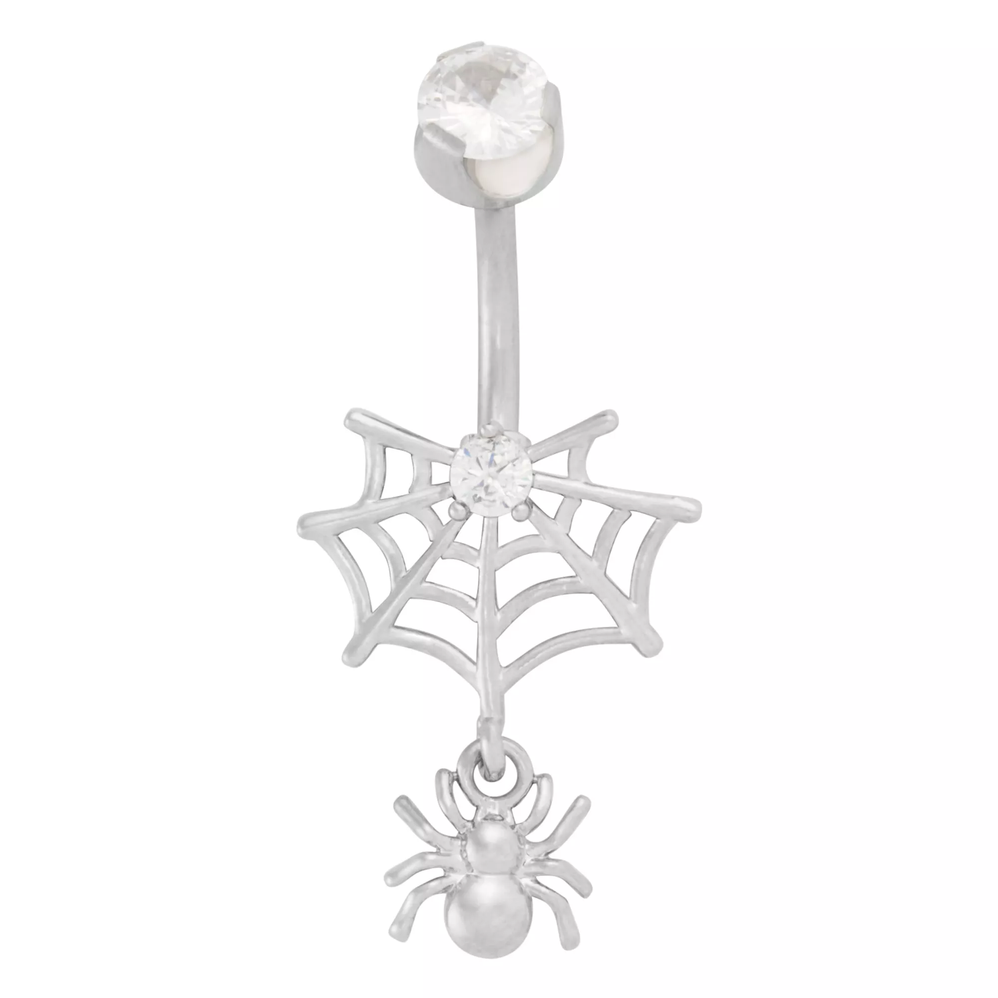 CZ Silver-Plated Spider Web Dangle Belly Ring - 14 Gauge at Spencer's