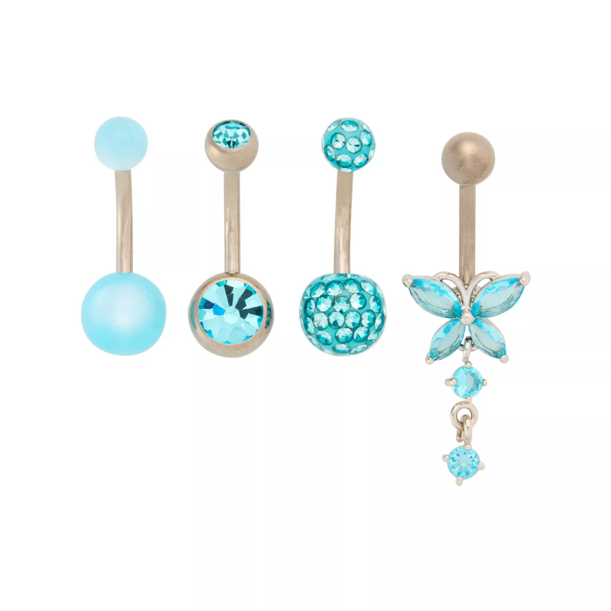 Multi-Pack CZ Blue and Butterfly Dangle Belly Rings 4 Pack - 14 Gauge at Spencer's