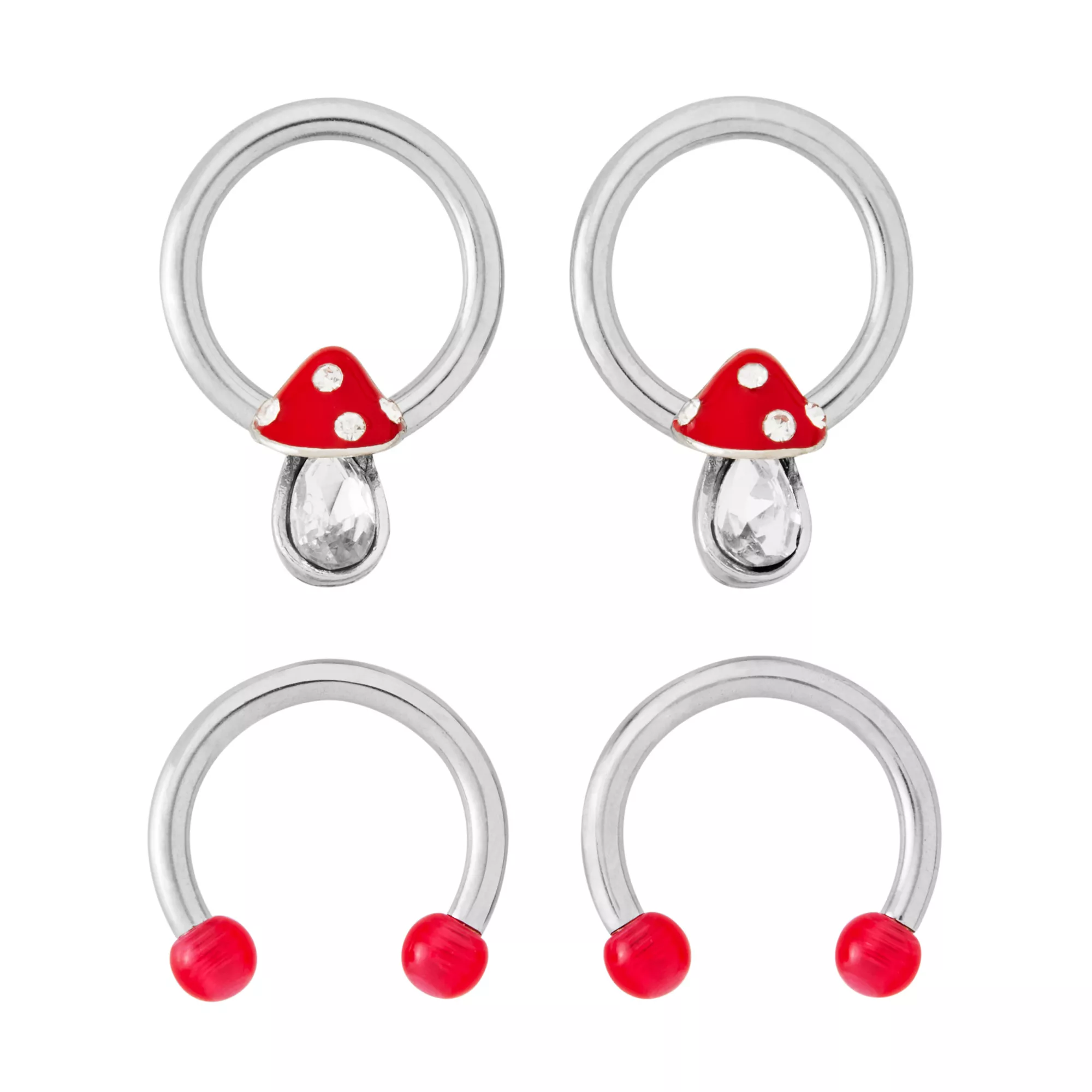 Multi-Pack CZ Mushroom Captive Bead and Horseshoe Rings 2 Pair - 14 Gauge at Spencer's