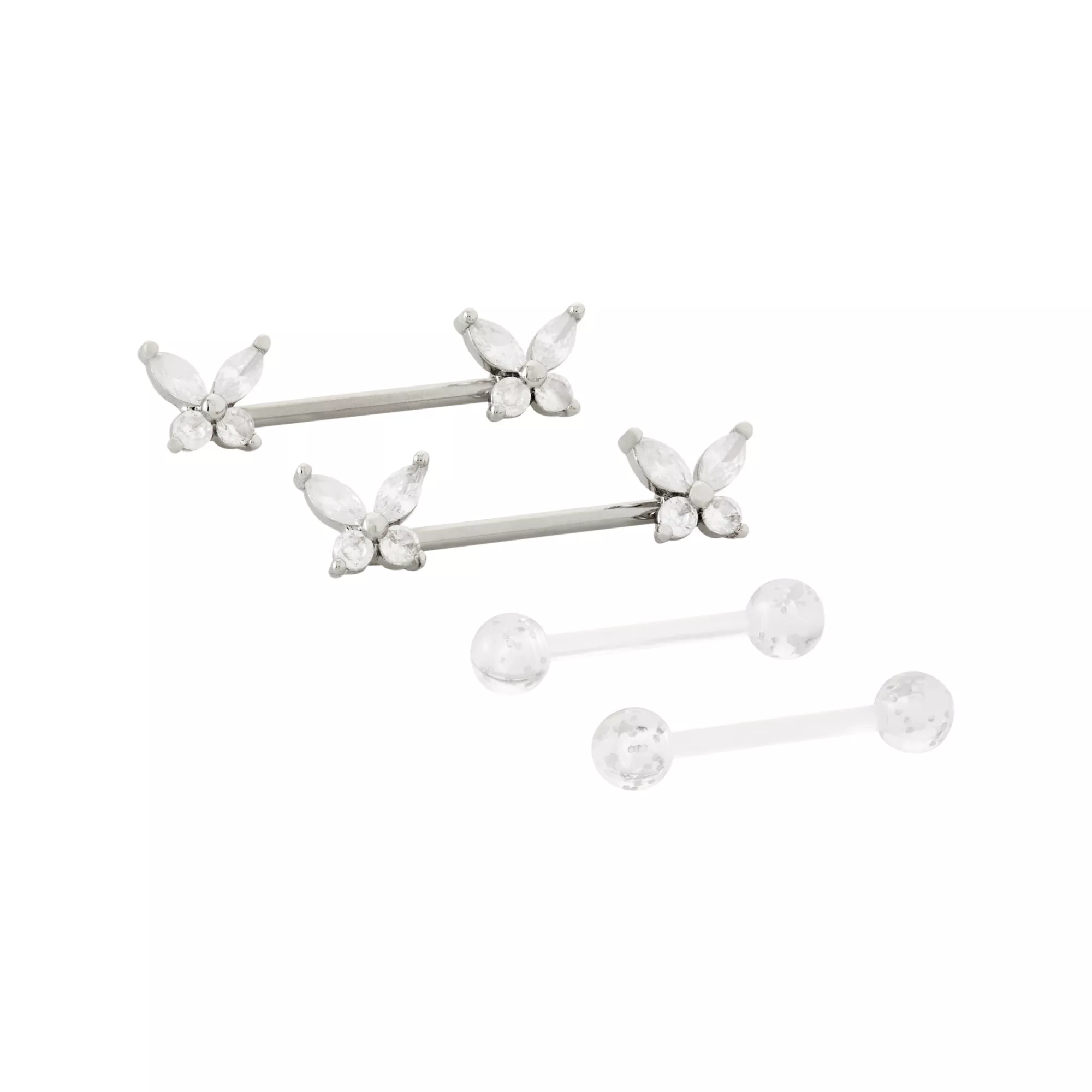 Multi-Pack CZ G23 Titanium Butterfly Nipple Barbells 2 Pair - 14 Gauge