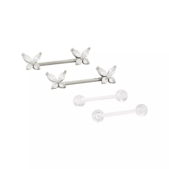 Multi-Pack CZ G23 Titanium Butterfly Nipple Barbells 2 Pair - 14 Gauge