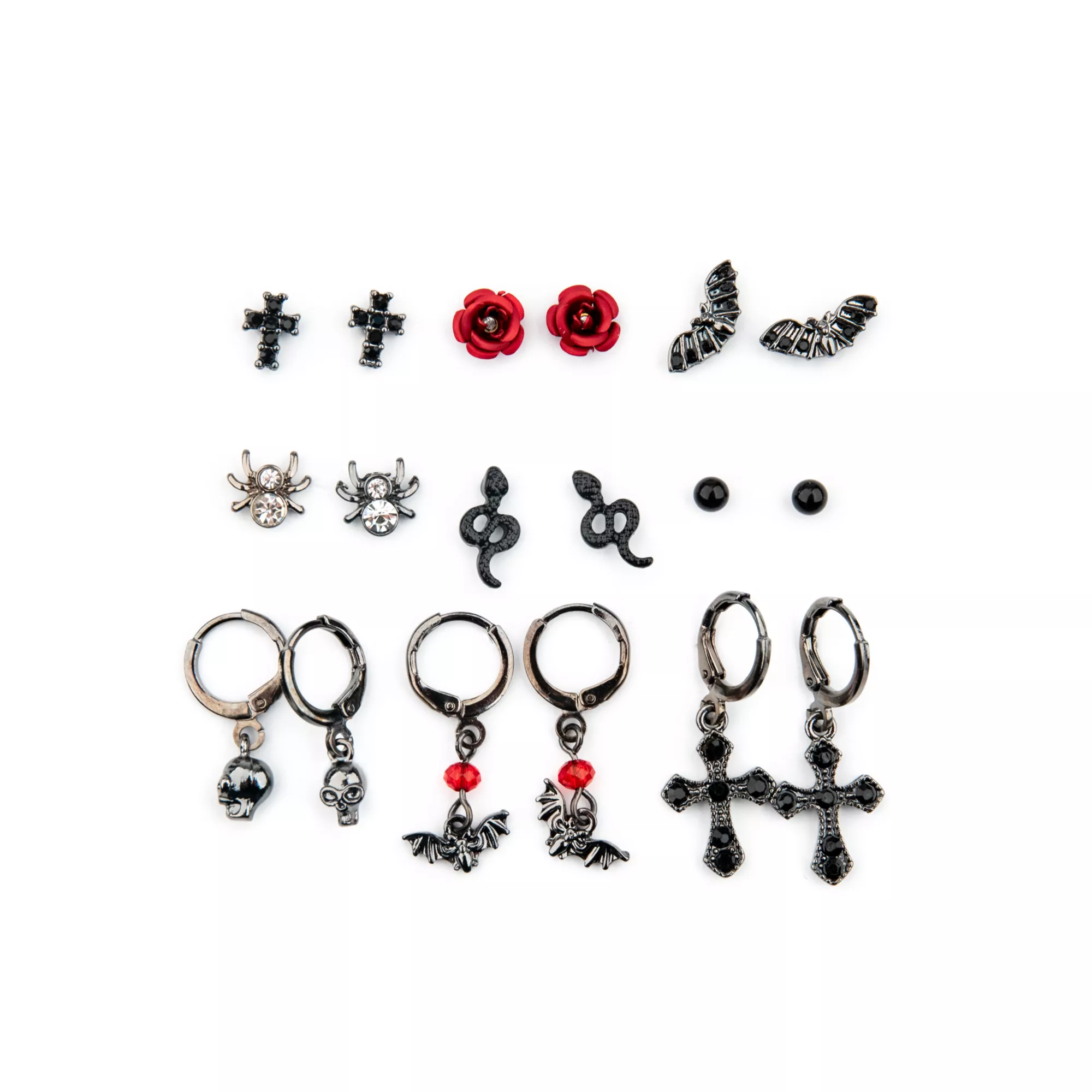 Multi-Pack Cross Bat Spider Snake Earrings - 9 Pair