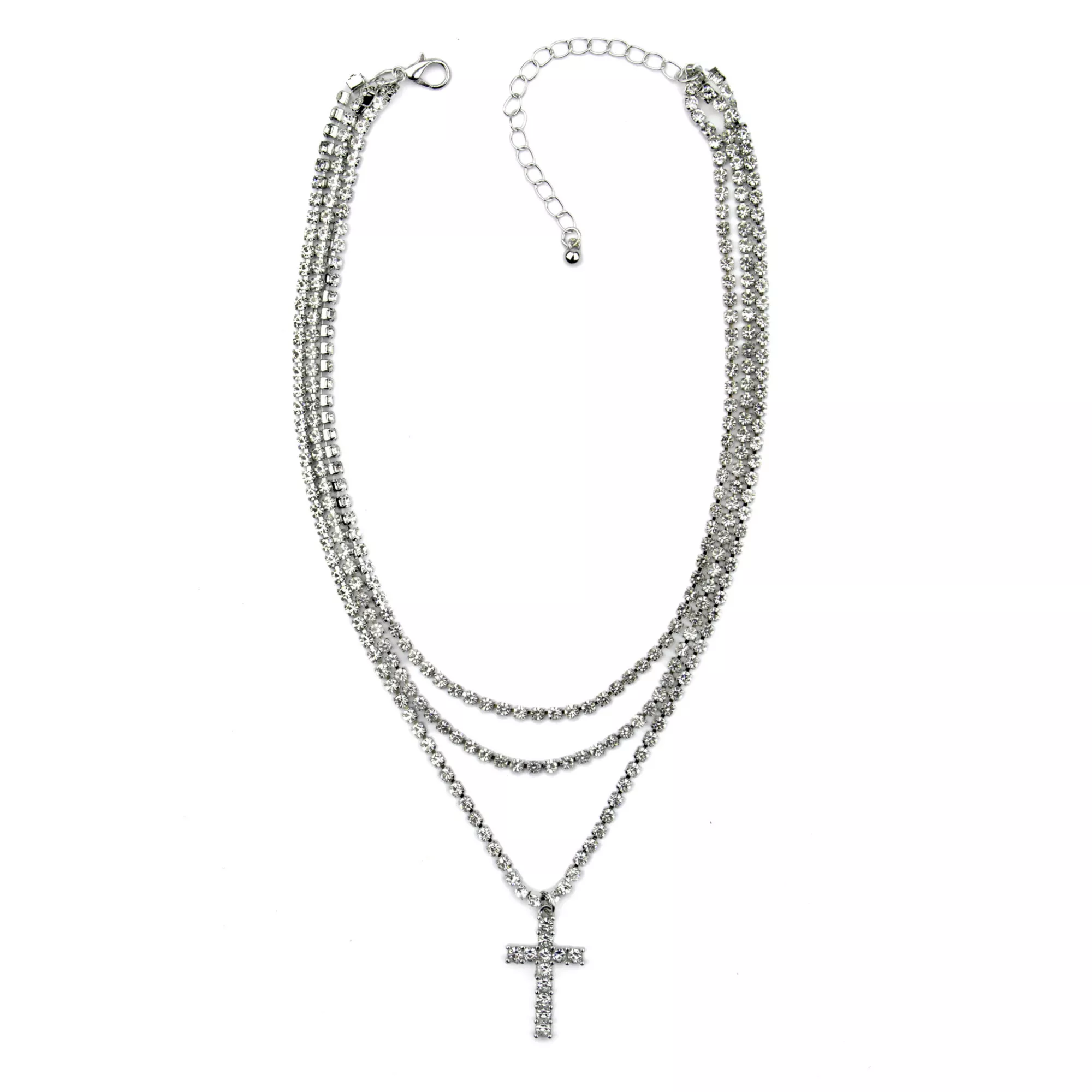 Silvertone 3 Row Chain Cross Necklace