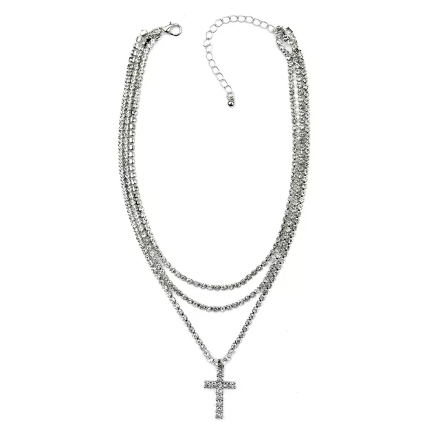 Silvertone 3 Row Chain Cross Necklace at Spencer's