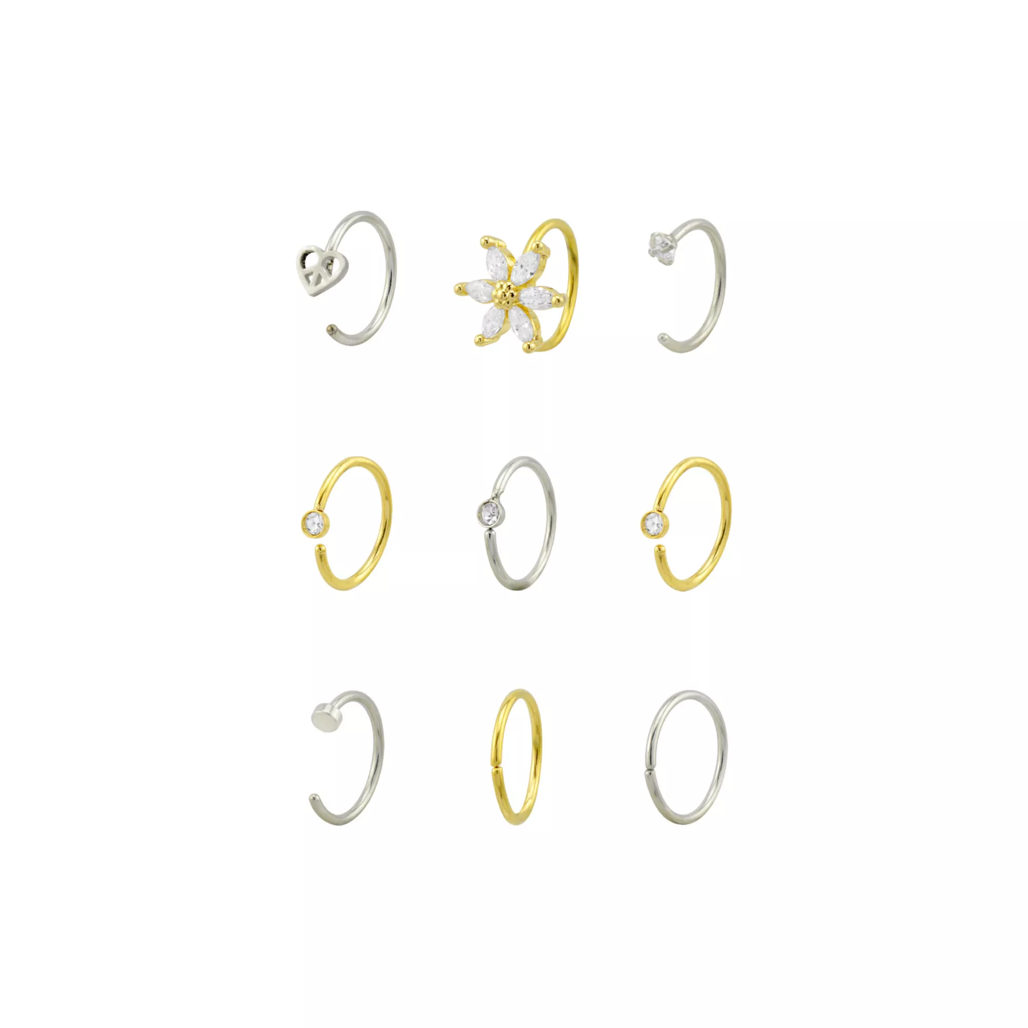 Multi-Pack CZ Goldtone and Silvertone Heart and Flower Hoop and Half Hoop Nose Rings 9 Pack - 20 Gauge at Spencer's