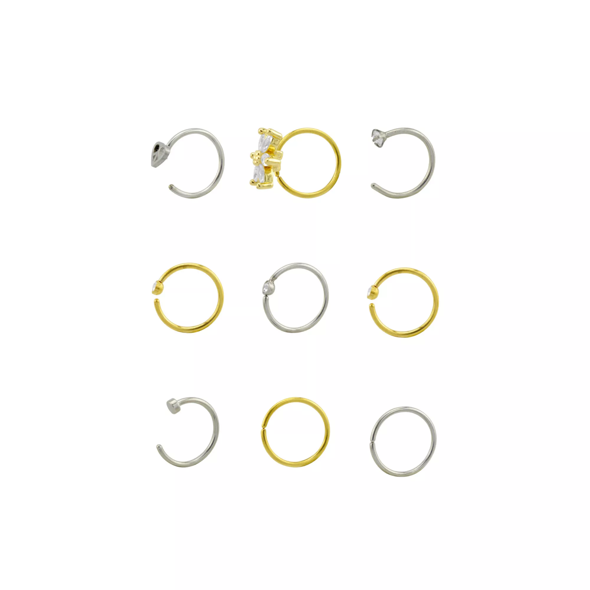 Multi-Pack CZ Goldtone and Silvertone Heart and Flower Hoop and Half Hoop Nose Rings 9 Pack - 20 Gauge at Spencer's