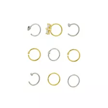 Multi-Pack CZ Goldtone and Silvertone Heart and Flower Hoop and Half Hoop Nose Rings 9 Pack - 20 Gauge at Spencer's