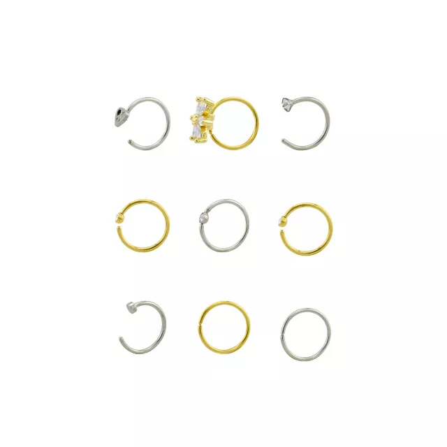 Multi-Pack CZ Goldtone and Silvertone Heart and Flower Hoop and Half Hoop Nose Rings 9 Pack - 20 Gauge at Spencer's