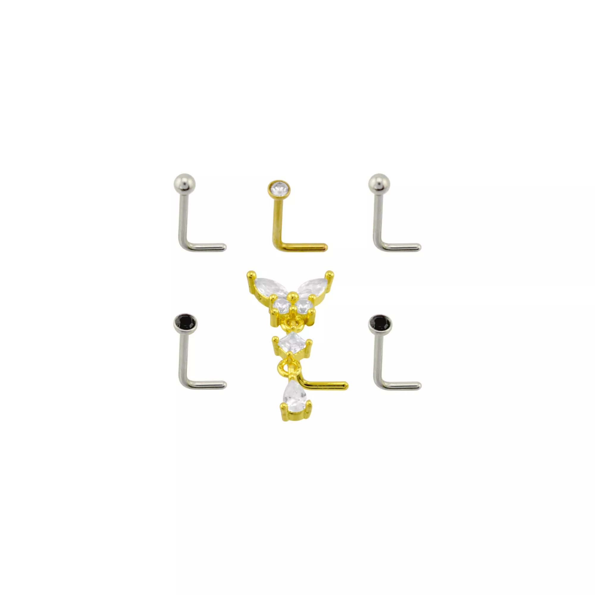 Multi-Pack CZ Butterfly Dangle L-Bend Nose Rings 6 Pack - 20 Gauge at Spencer's
