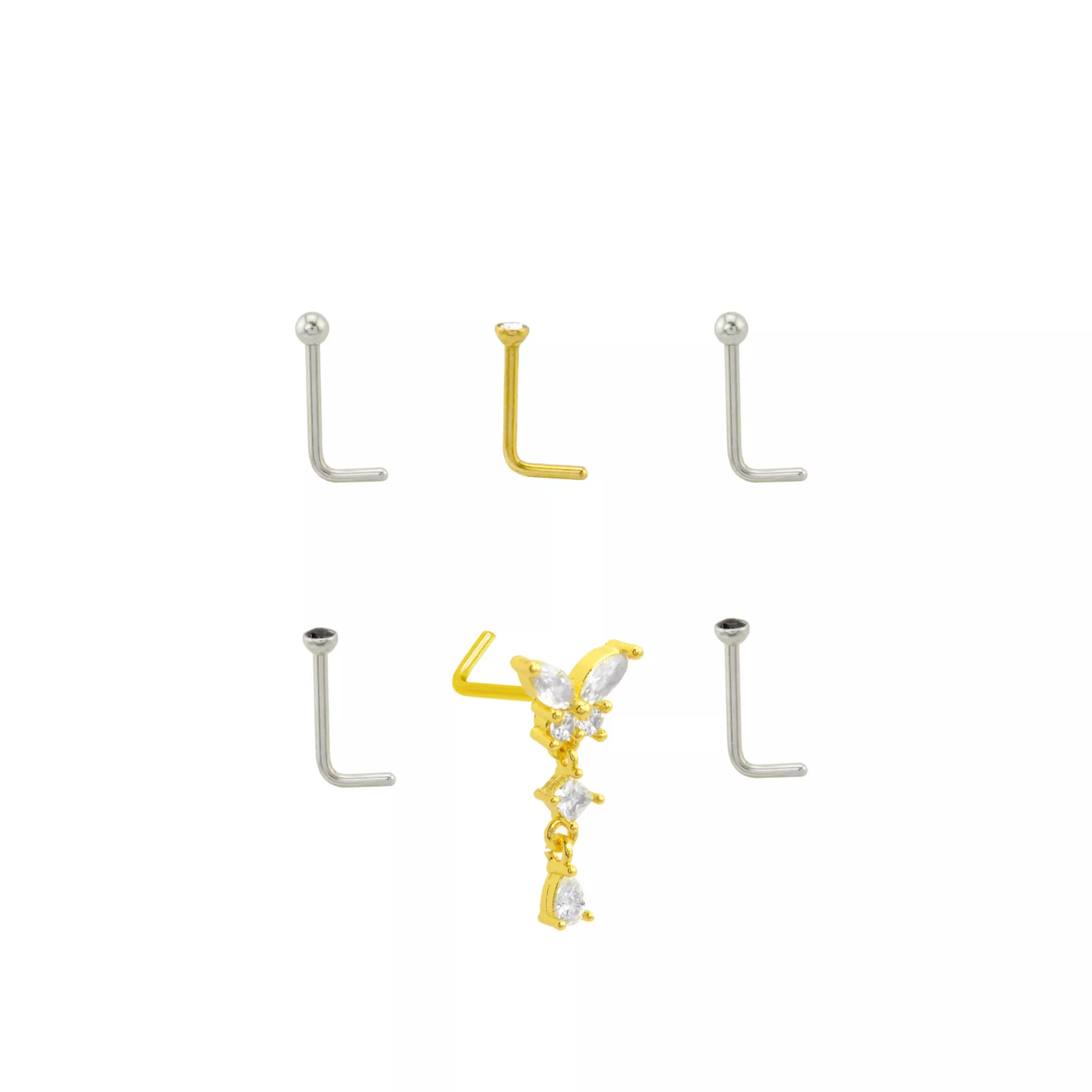 Multi-Pack CZ Butterfly Dangle L-Bend Nose Rings 6 Pack - 20 Gauge at Spencer's