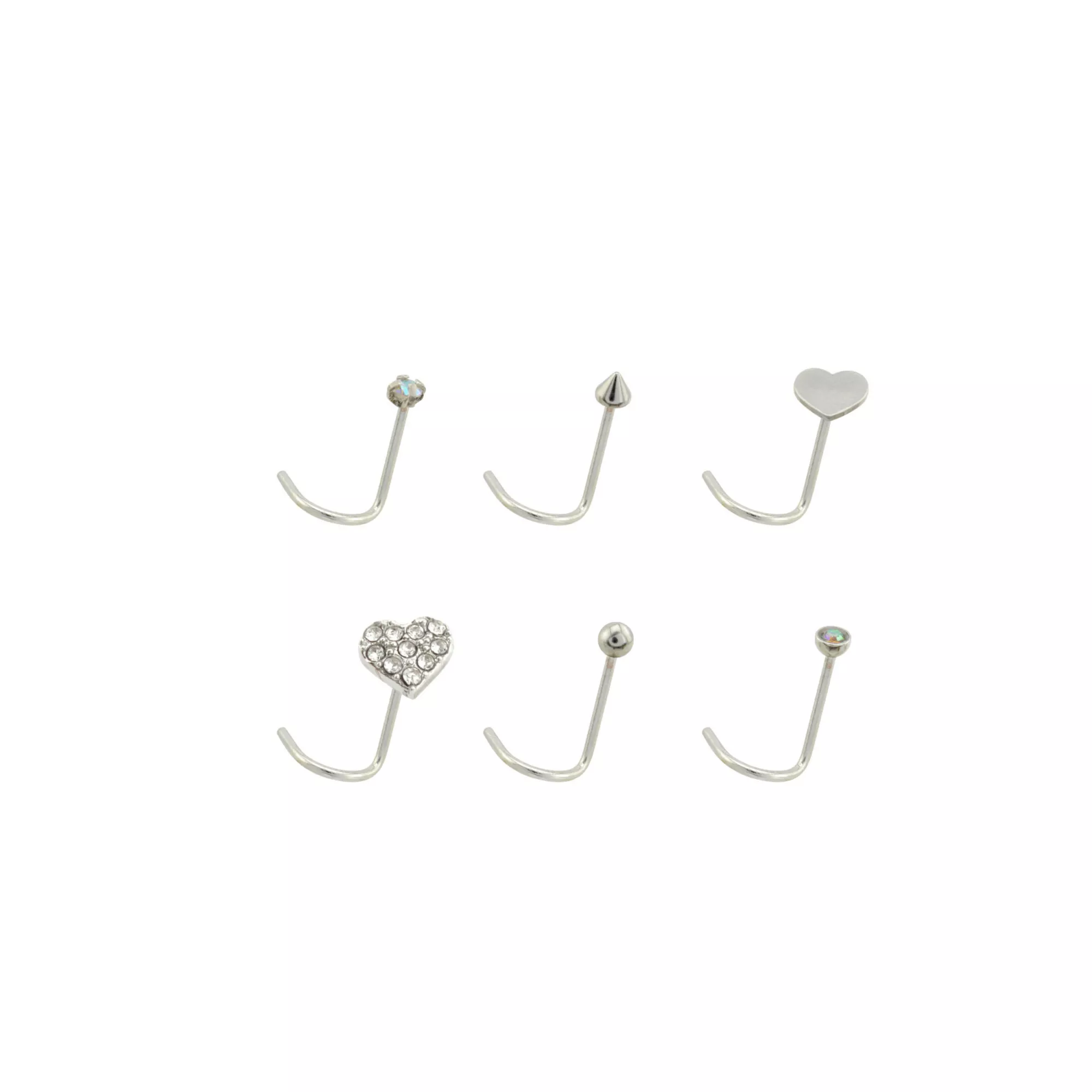 Multi-Pack Goldtone and Black Heart L-Bend Nose Rings 6 Pack - 20 Gauge at Spencer's