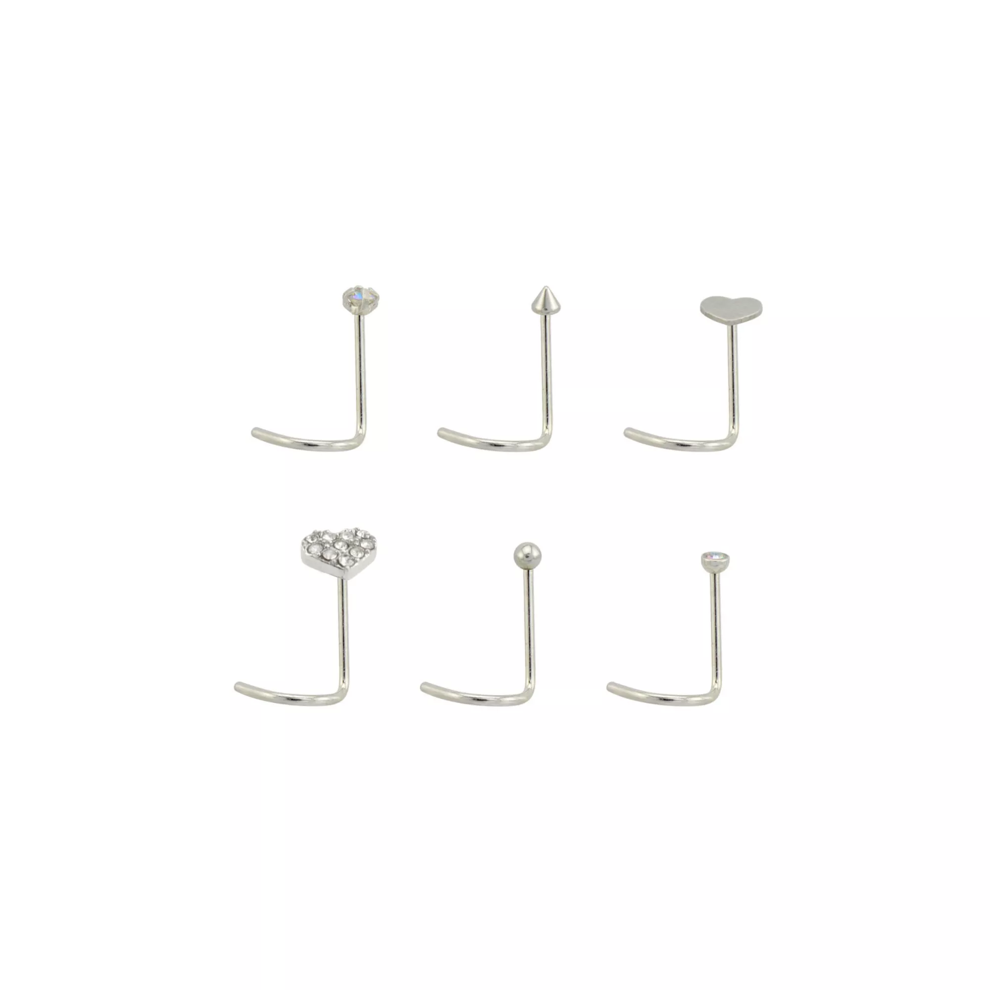 Multi-Pack Goldtone and Black Heart L-Bend Nose Rings 6 Pack - 20 Gauge at Spencer's