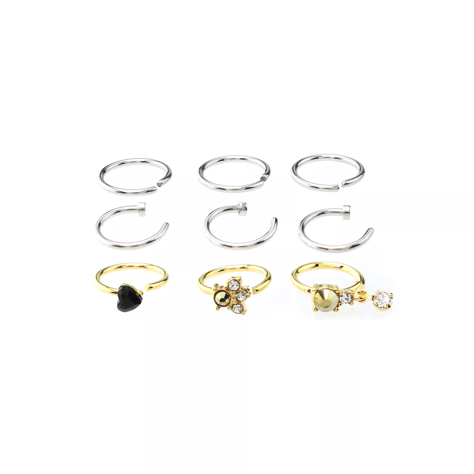 Multi-Pack CZ Heart Goldtone and Silvertone Hoop and Half Hoop Nose Rings 9 Pack - 18 Gauge at Spencer's