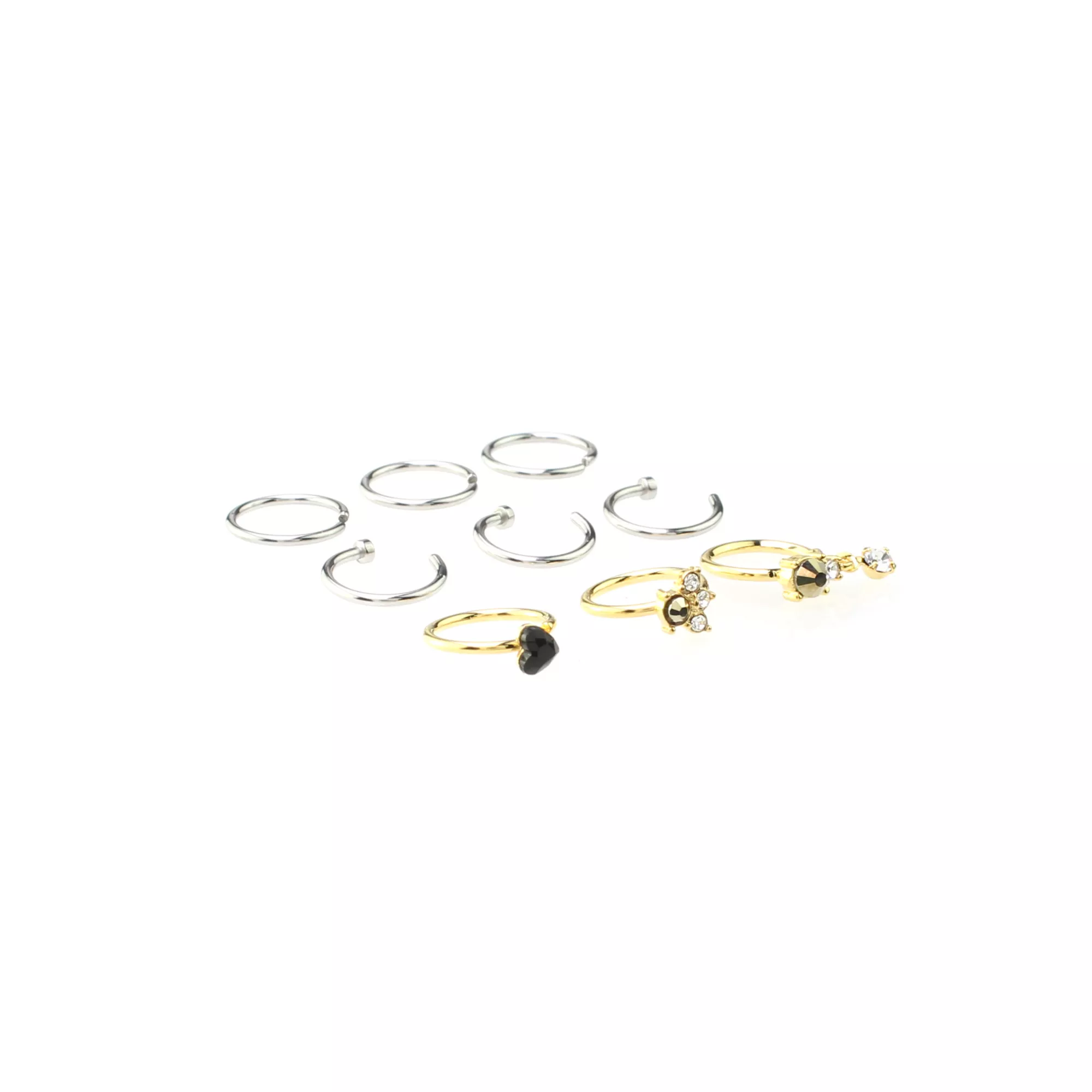 Multi-Pack CZ Heart Goldtone and Silvertone Hoop and Half Hoop Nose Rings 9 Pack - 18 Gauge at Spencer's