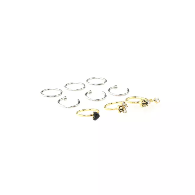 Multi-Pack CZ Heart Goldtone and Silvertone Hoop and Half Hoop Nose Rings 9 Pack - 18 Gauge at Spencer's