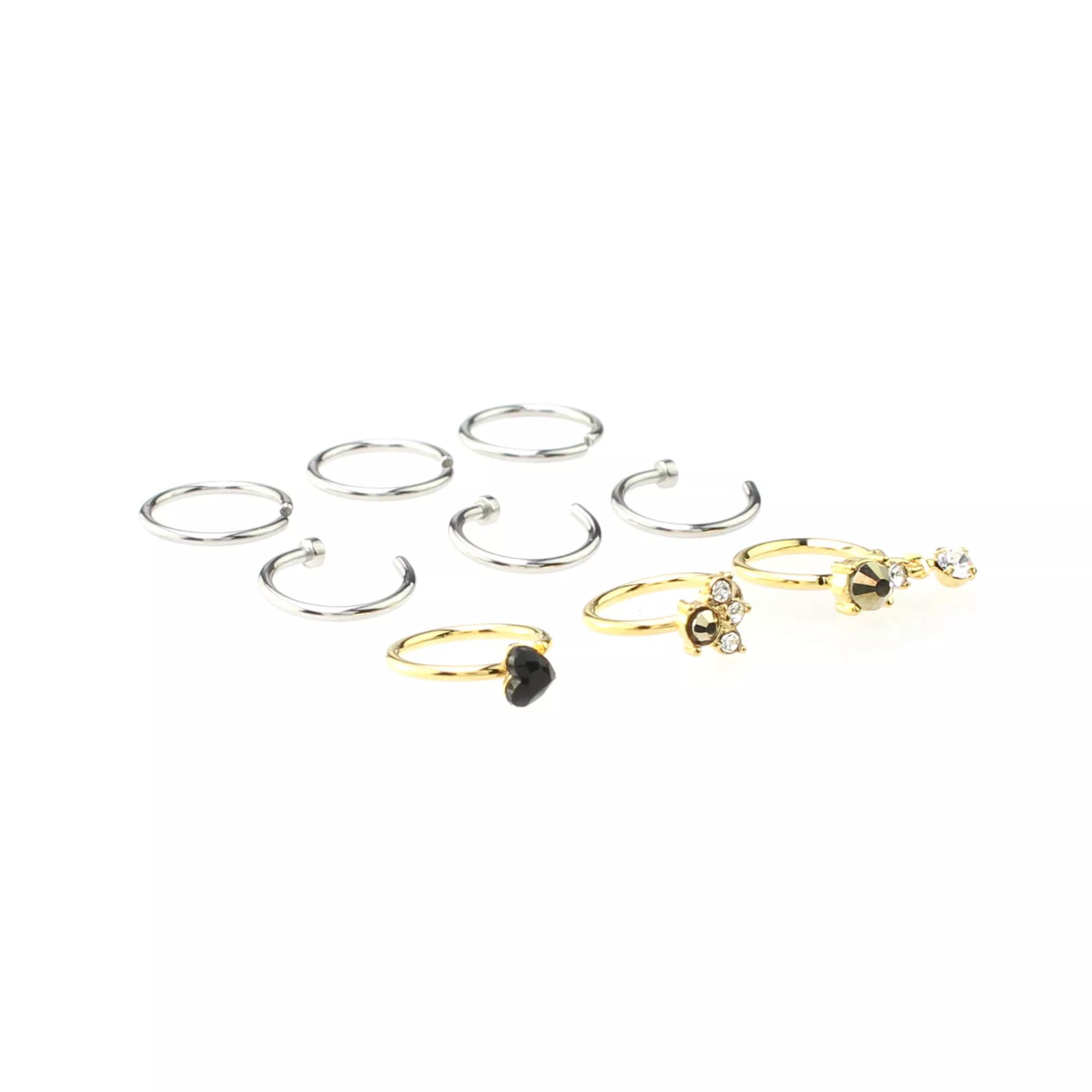 Multi-Pack CZ Heart Goldtone and Silvertone Hoop and Half Hoop Nose Rings 9 Pack - 18 Gauge at Spencer's