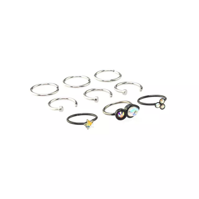 Multi-Pack CZ Star Black and Silvertone Hoop and Half Hoop Nose Rings 9 Pack - 20 Gauge at Spencer's