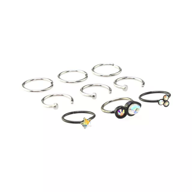 Multi-Pack CZ Star Black and Silvertone Hoop and Half Hoop Nose Rings 9 Pack - 20 Gauge at Spencer's
