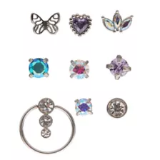Multi-Pack Butterfly and Heart Pin Nose Rings 9 Pack - 20 Gauge at Spencer's